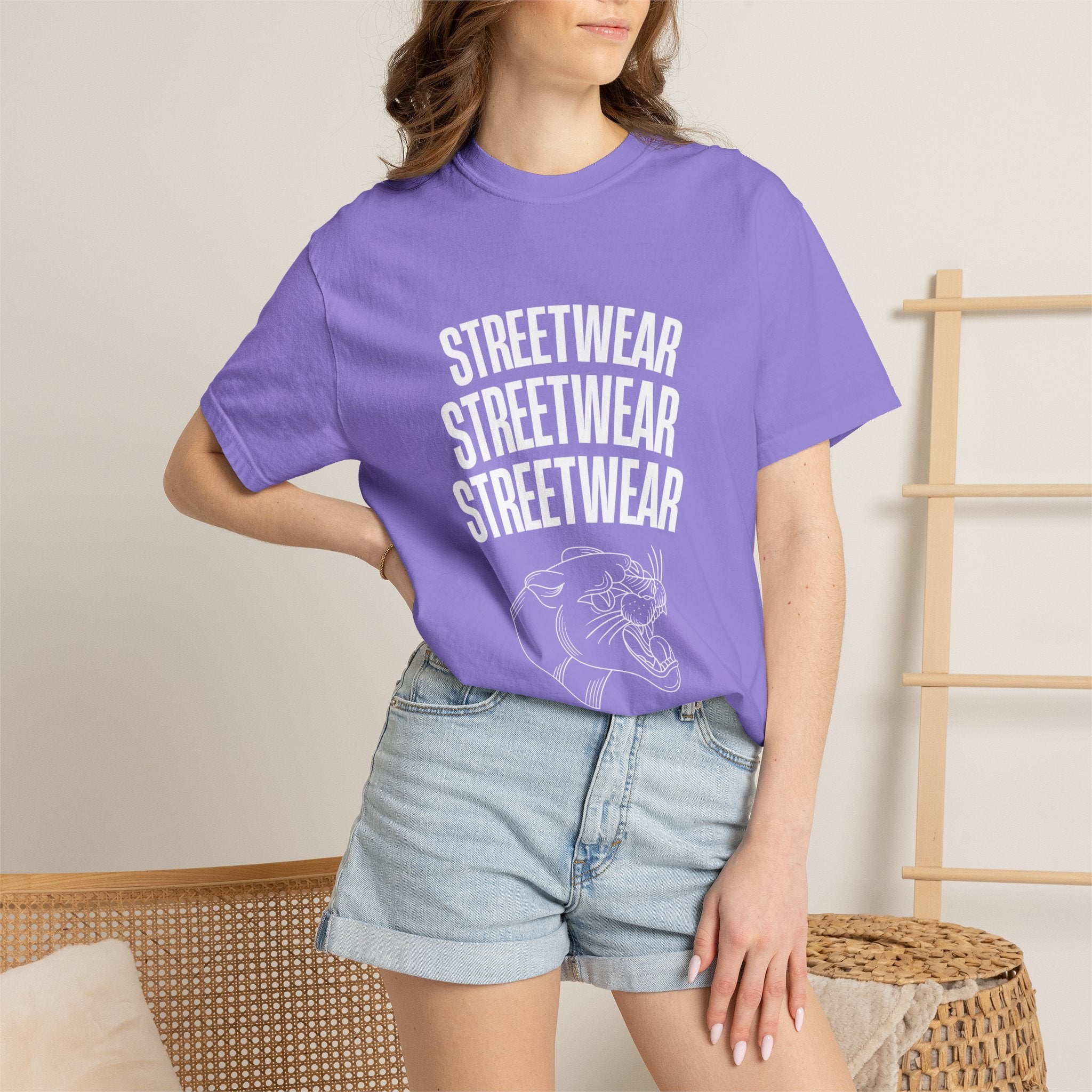 Streetwear Panther T‑Shirt — Graphic Garment-Dyed Tee with 'STREETWEAR' Text & Barcode