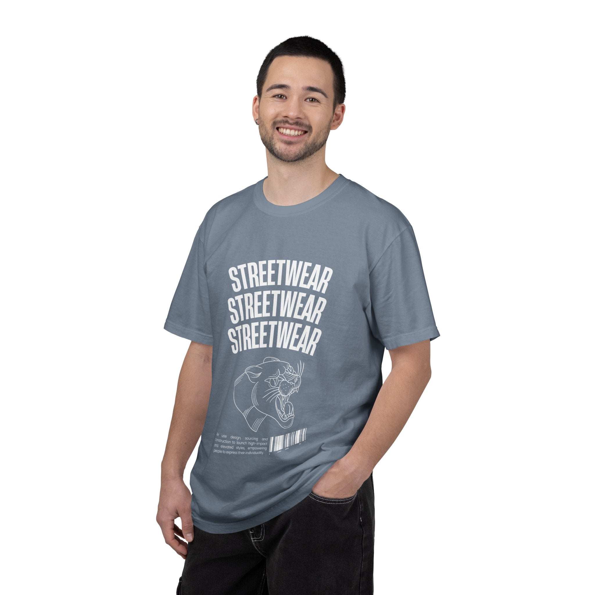 Streetwear Panther T‑Shirt — Graphic Garment-Dyed Tee with 'STREETWEAR' Text & Barcode
