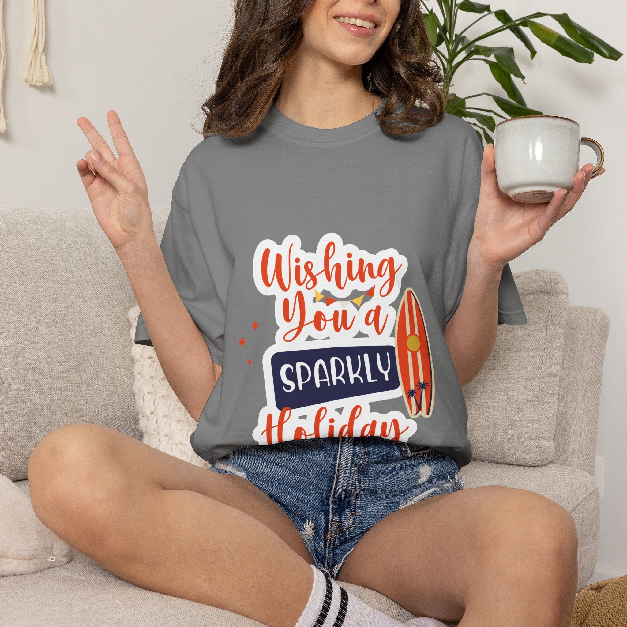 Holiday Surfboard T‑Shirt — "Wishing You a Sparkly Holiday" Beachy Christmas Tee