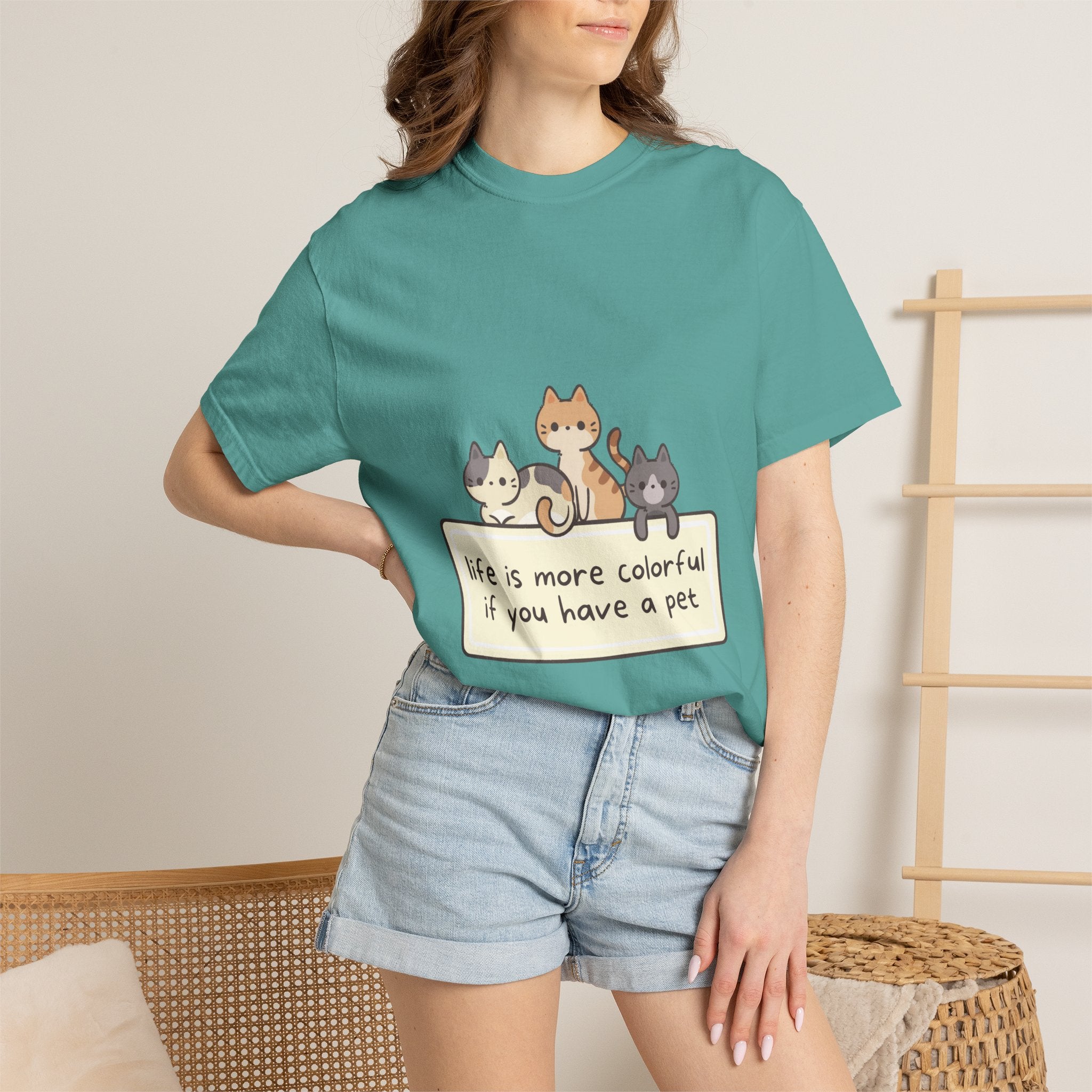 Pet Lover T-Shirt — "Life is More Colorful if You Have a Pet" Cute Cat Illustration