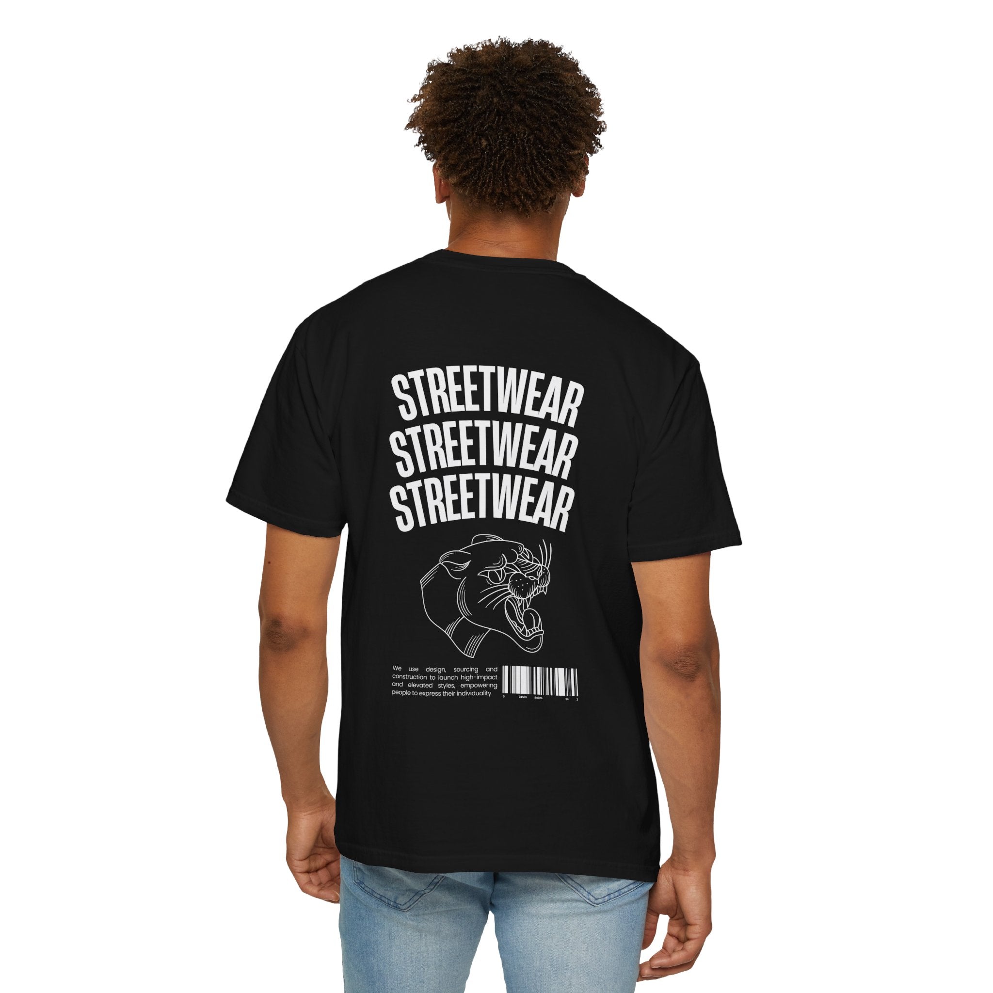 Streetwear Panther T‑Shirt — Graphic Garment-Dyed Tee with 'STREETWEAR' Text & Barcode