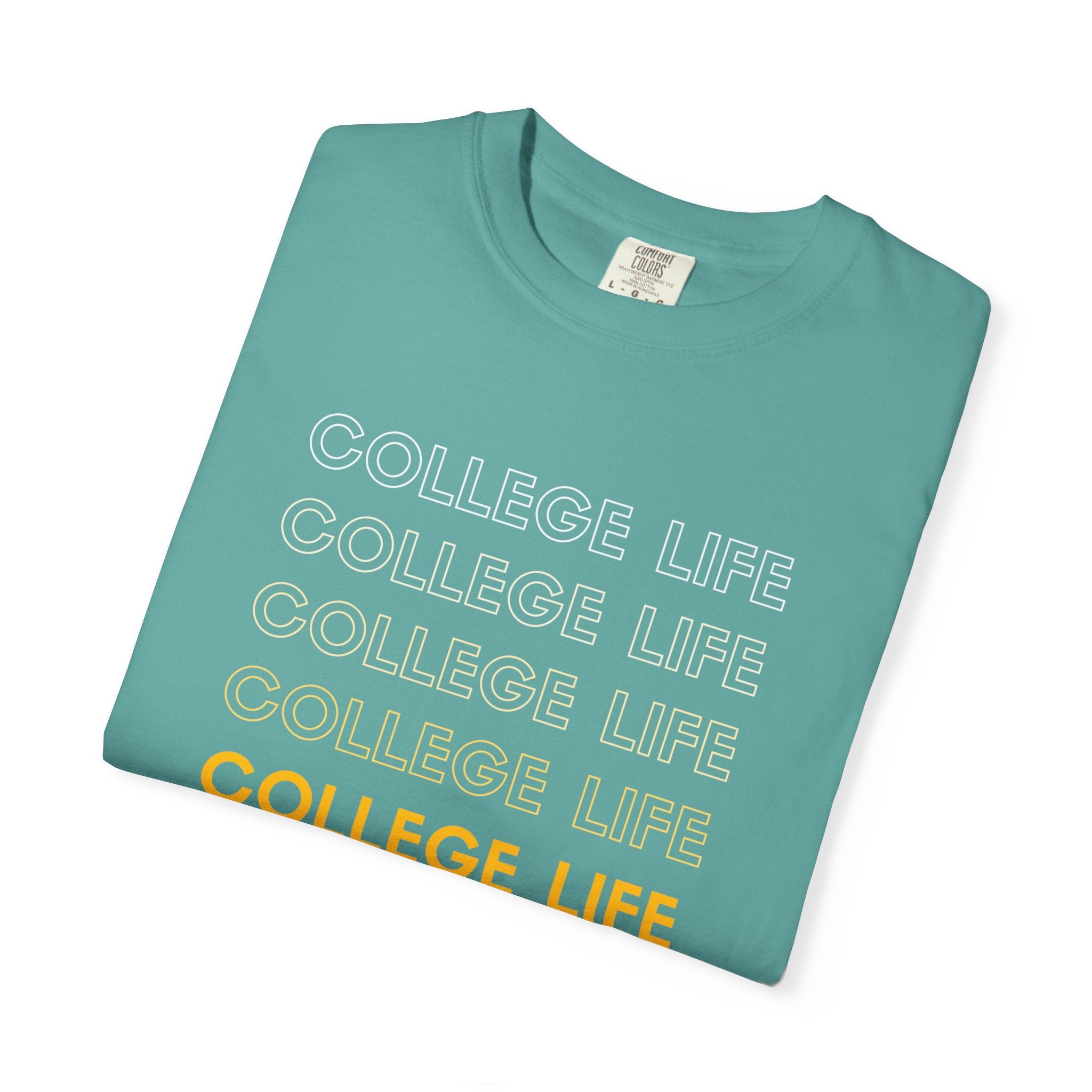 College Life Tee — Retro Repeated Text Graphic T-Shirt