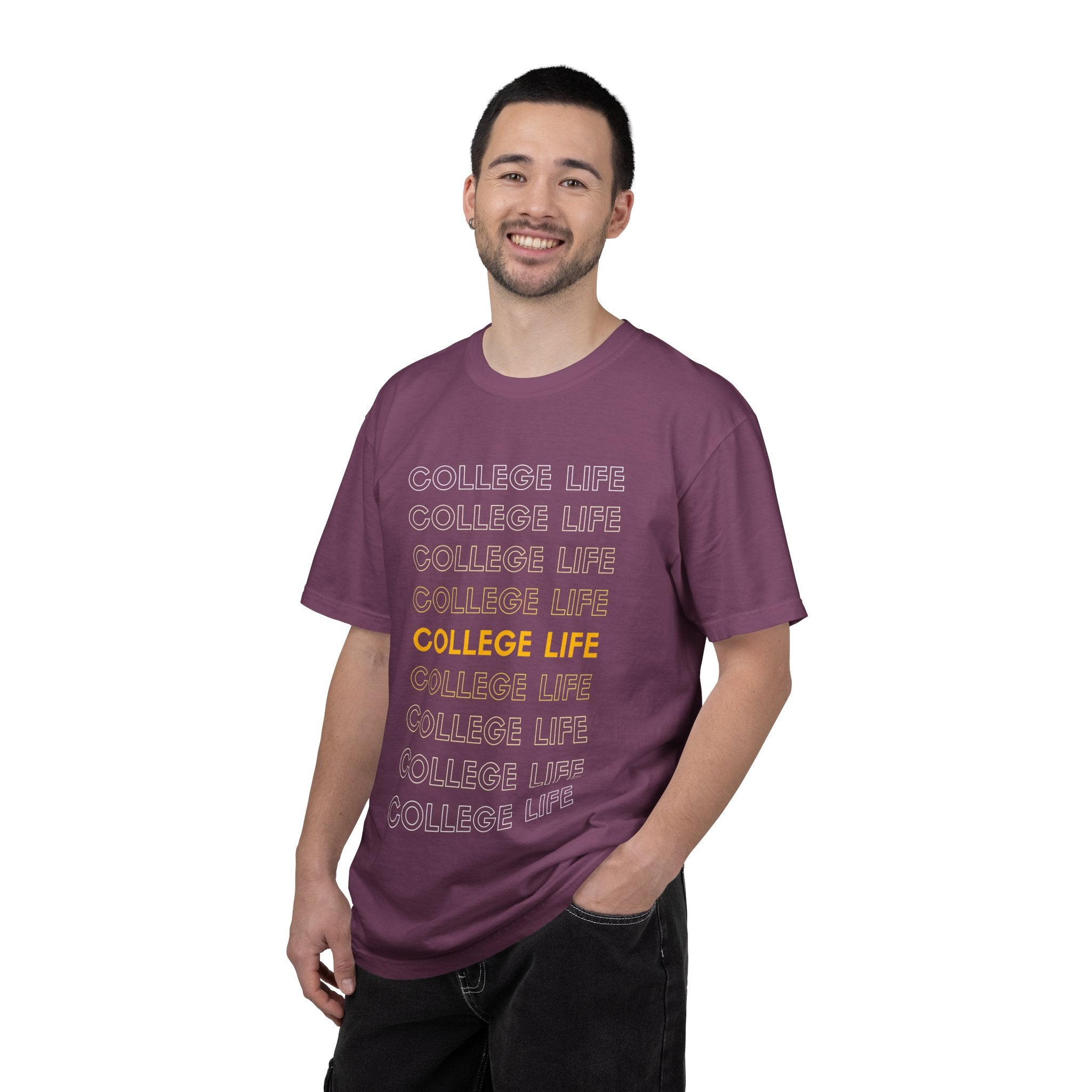 College Life Tee — Retro Repeated Text Graphic T-Shirt