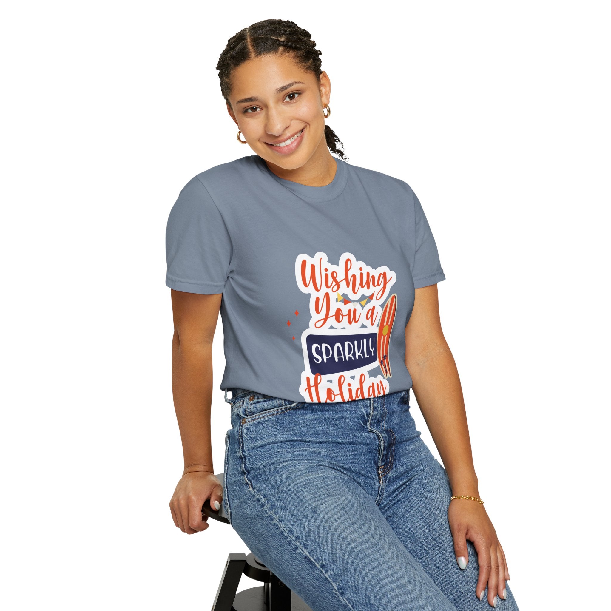 Holiday Surfboard T‑Shirt — "Wishing You a Sparkly Holiday" Beachy Christmas Tee