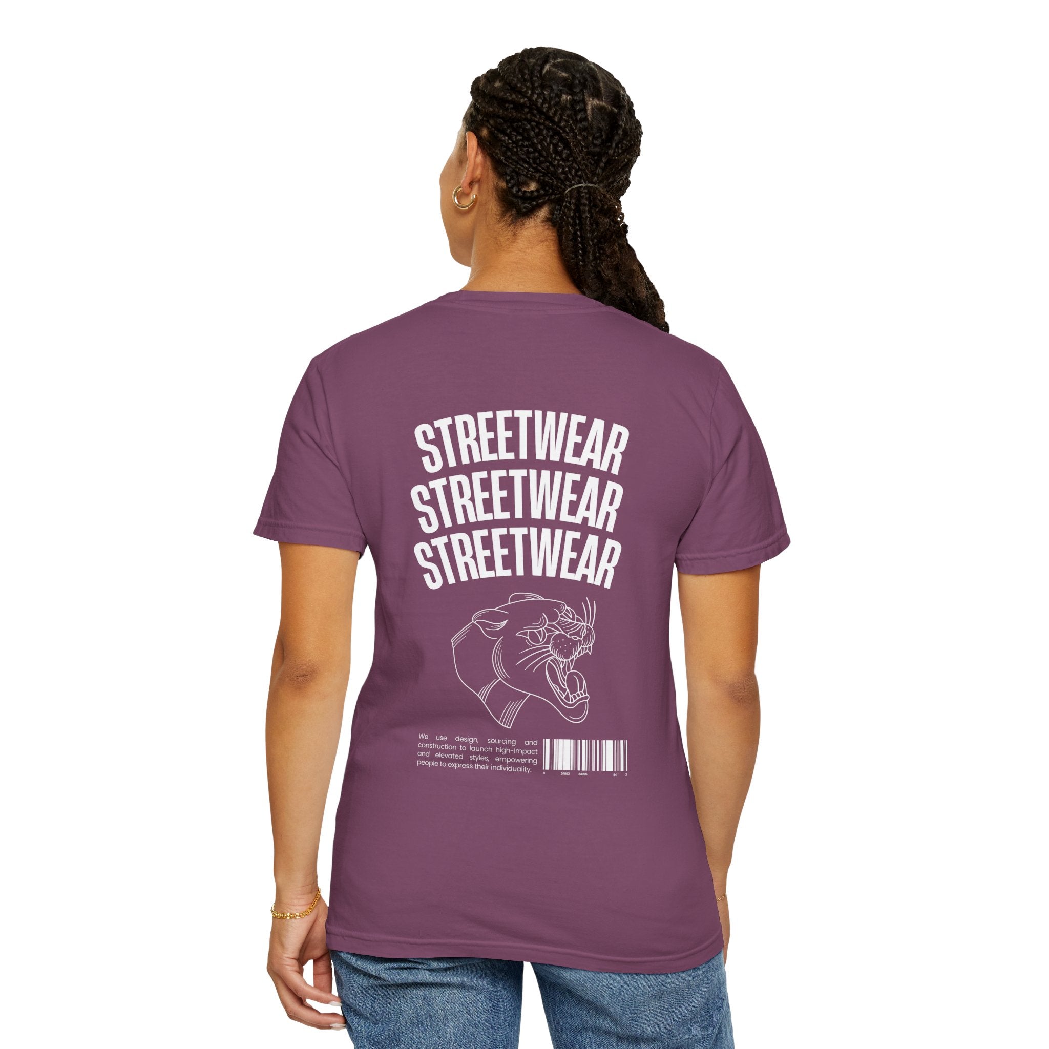 Streetwear Panther T‑Shirt — Graphic Garment-Dyed Tee with 'STREETWEAR' Text & Barcode