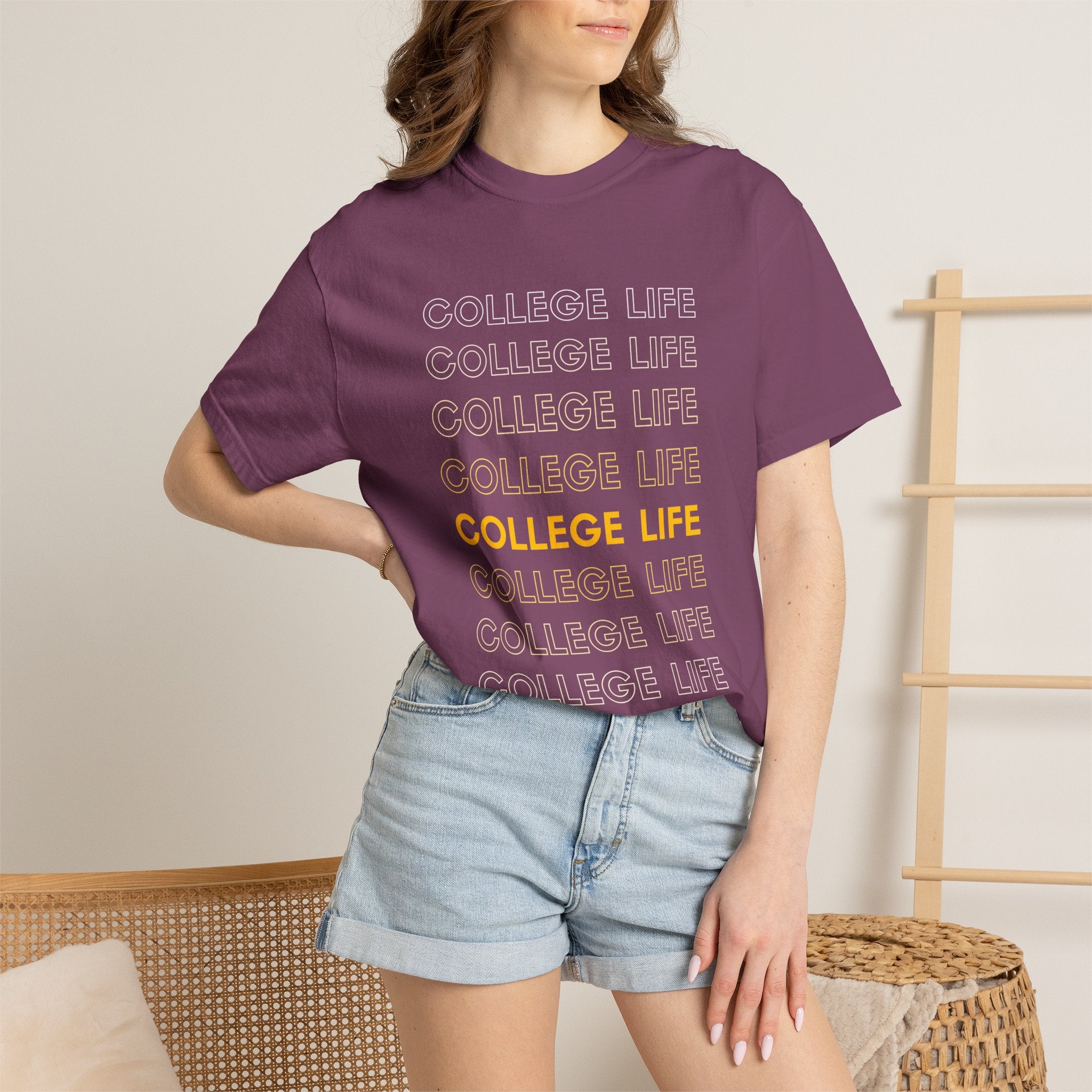 College Life Tee — Retro Repeated Text Graphic T-Shirt