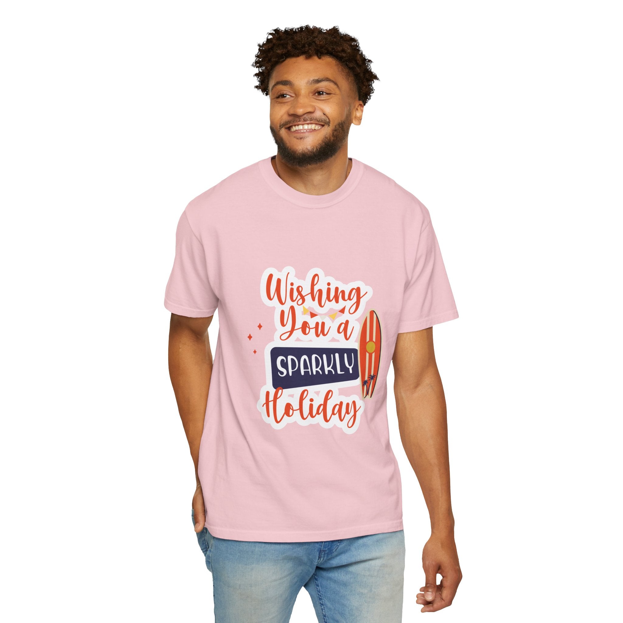 Holiday Surfboard T‑Shirt — "Wishing You a Sparkly Holiday" Beachy Christmas Tee