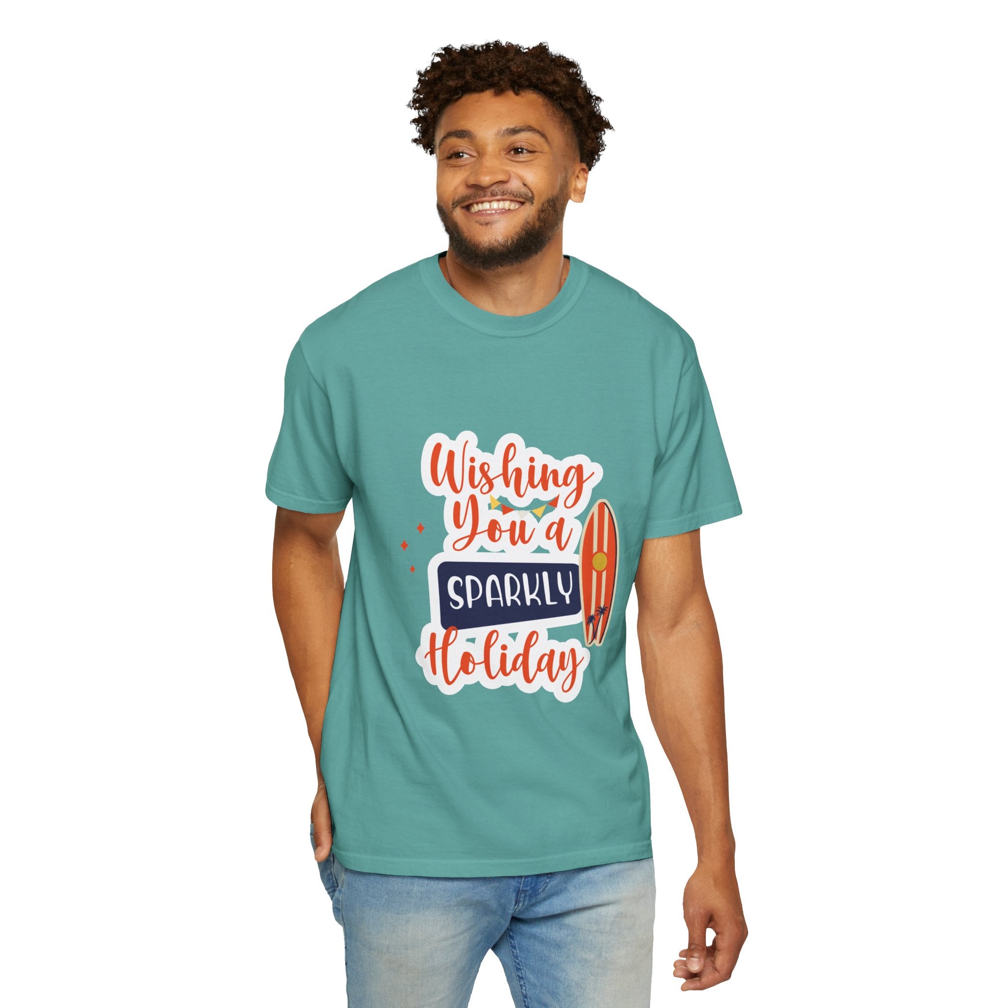Holiday Surfboard T‑Shirt — "Wishing You a Sparkly Holiday" Beachy Christmas Tee