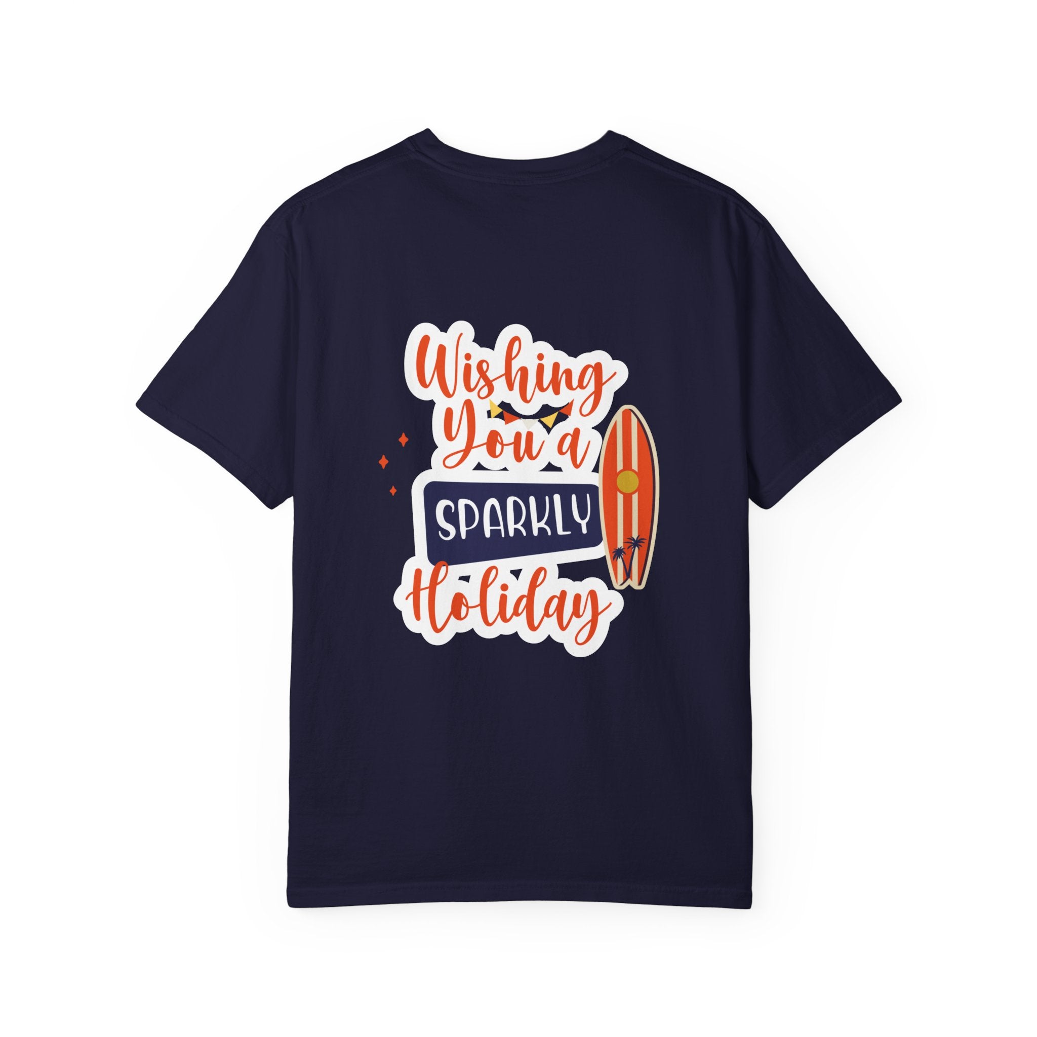 Holiday Surfboard T‑Shirt — "Wishing You a Sparkly Holiday" Beachy Christmas Tee