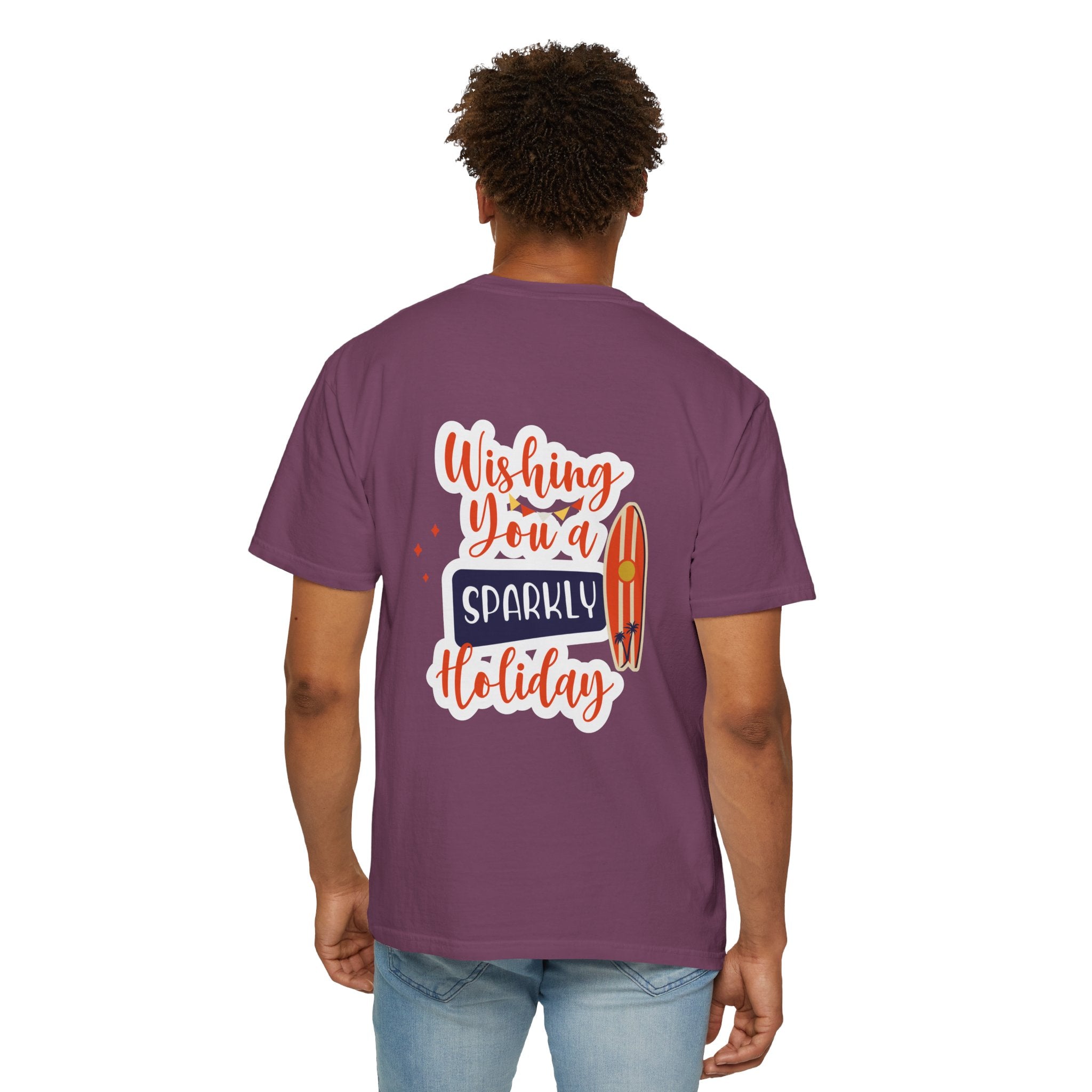 Holiday Surfboard T‑Shirt — "Wishing You a Sparkly Holiday" Beachy Christmas Tee