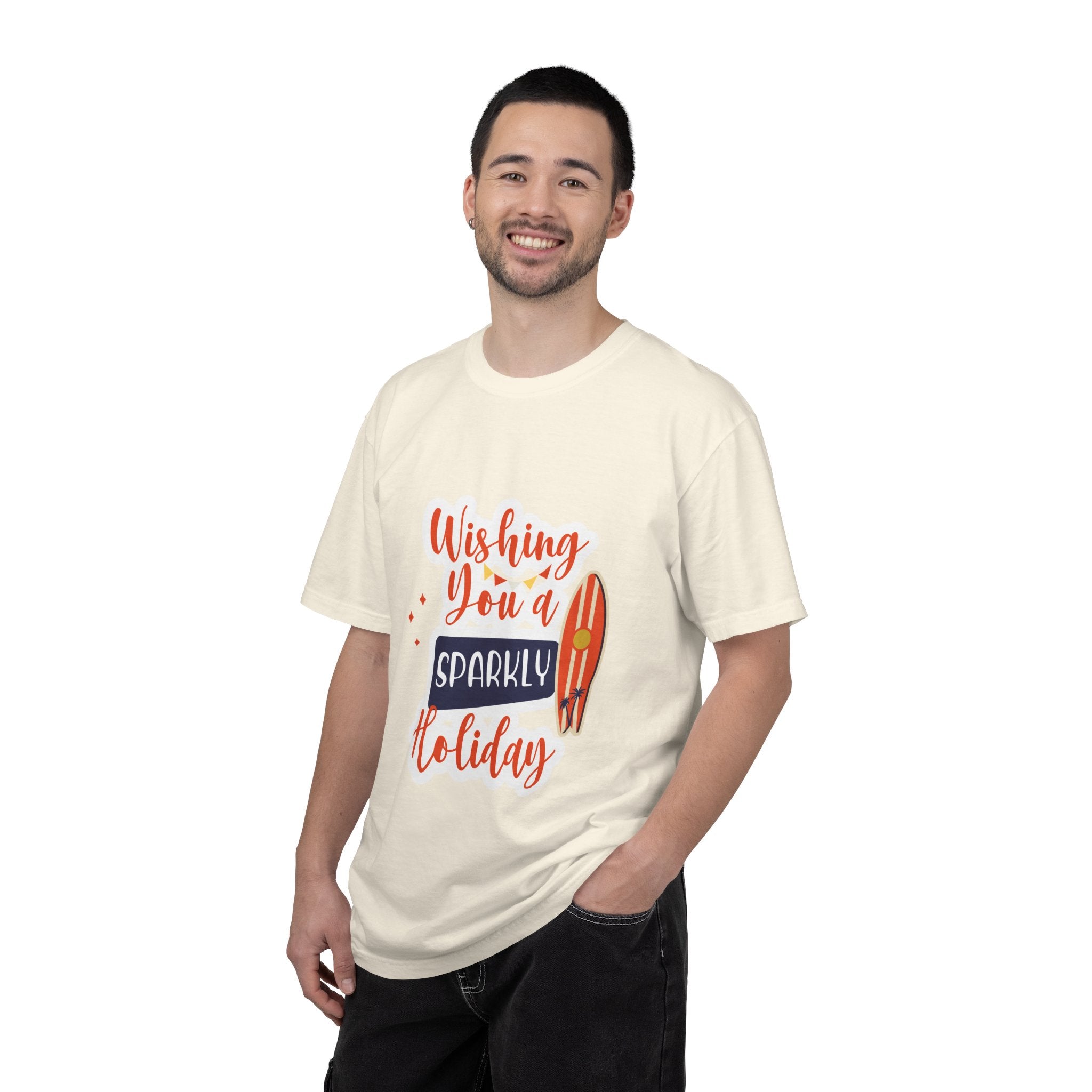 Holiday Surfboard T‑Shirt — "Wishing You a Sparkly Holiday" Beachy Christmas Tee