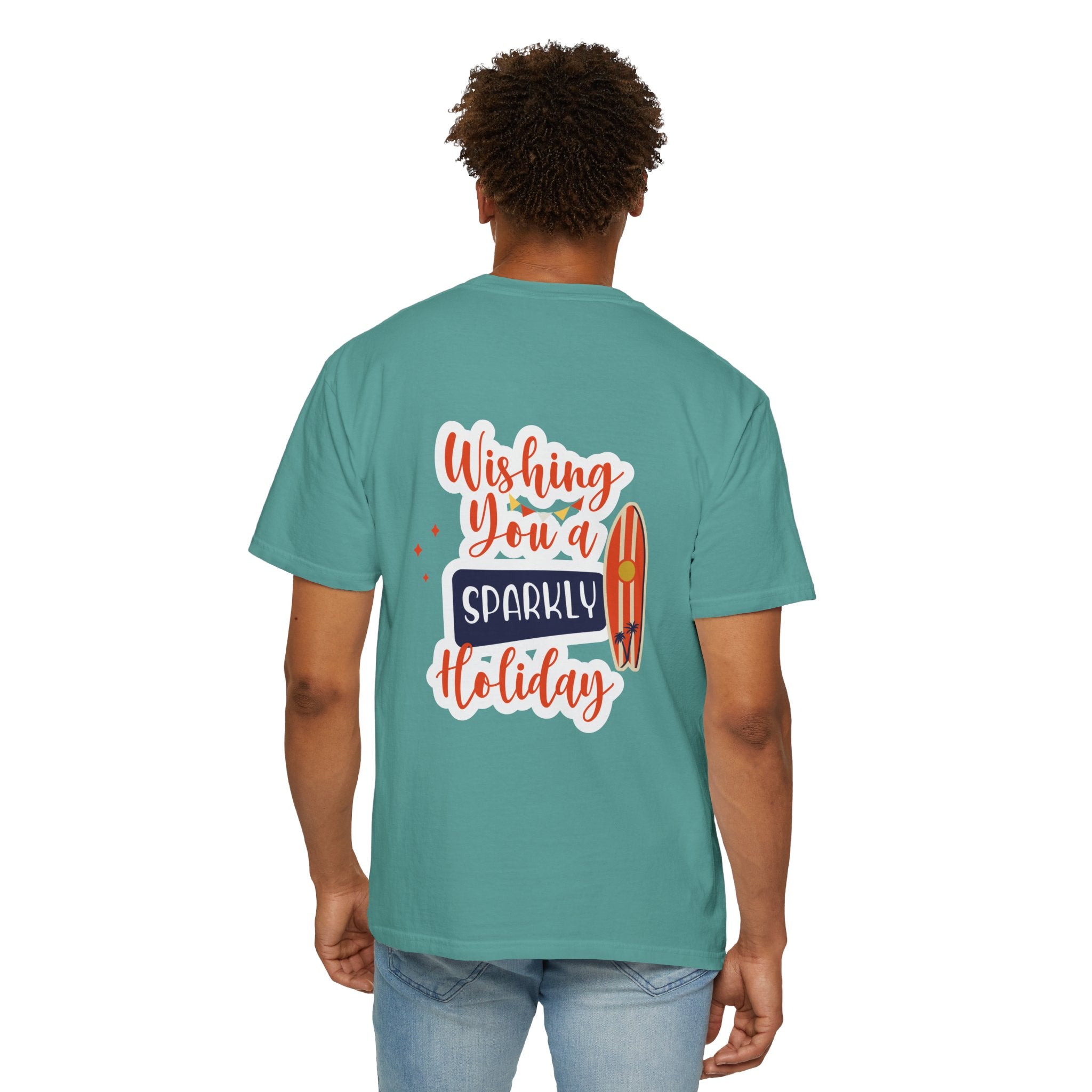 Holiday Surfboard T‑Shirt — "Wishing You a Sparkly Holiday" Beachy Christmas Tee