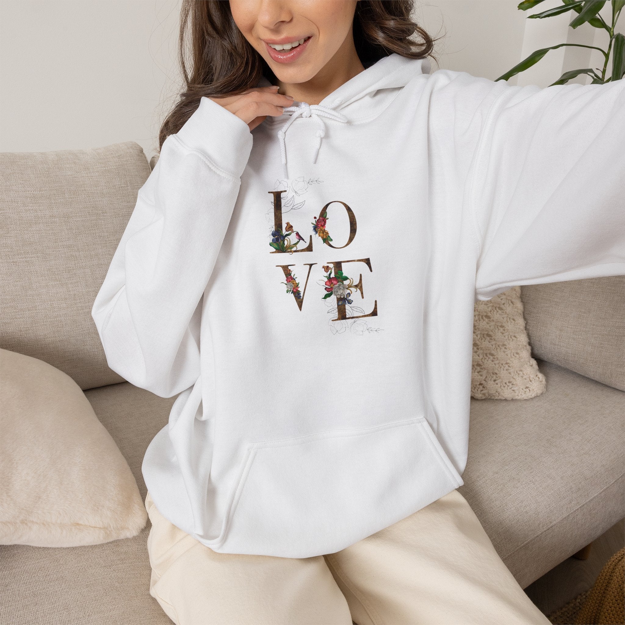 Love Floral Hoodie — Vintage Botanical Lettering Hooded Sweatshirt