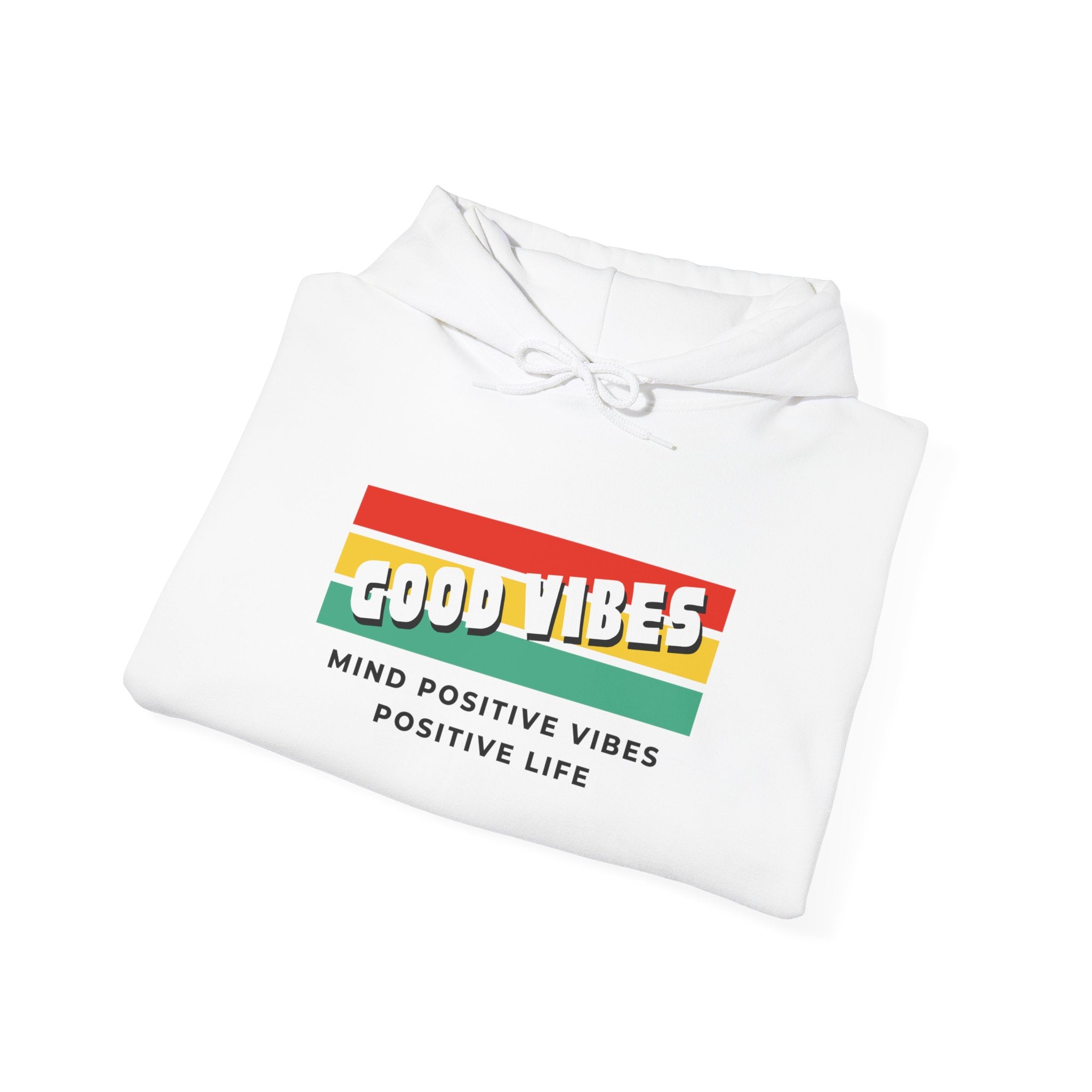 Good Vibes Hoodie — Retro Striped “MIND POSITIVE VIBES • POSITIVE LIFE” Graphic Hoodie