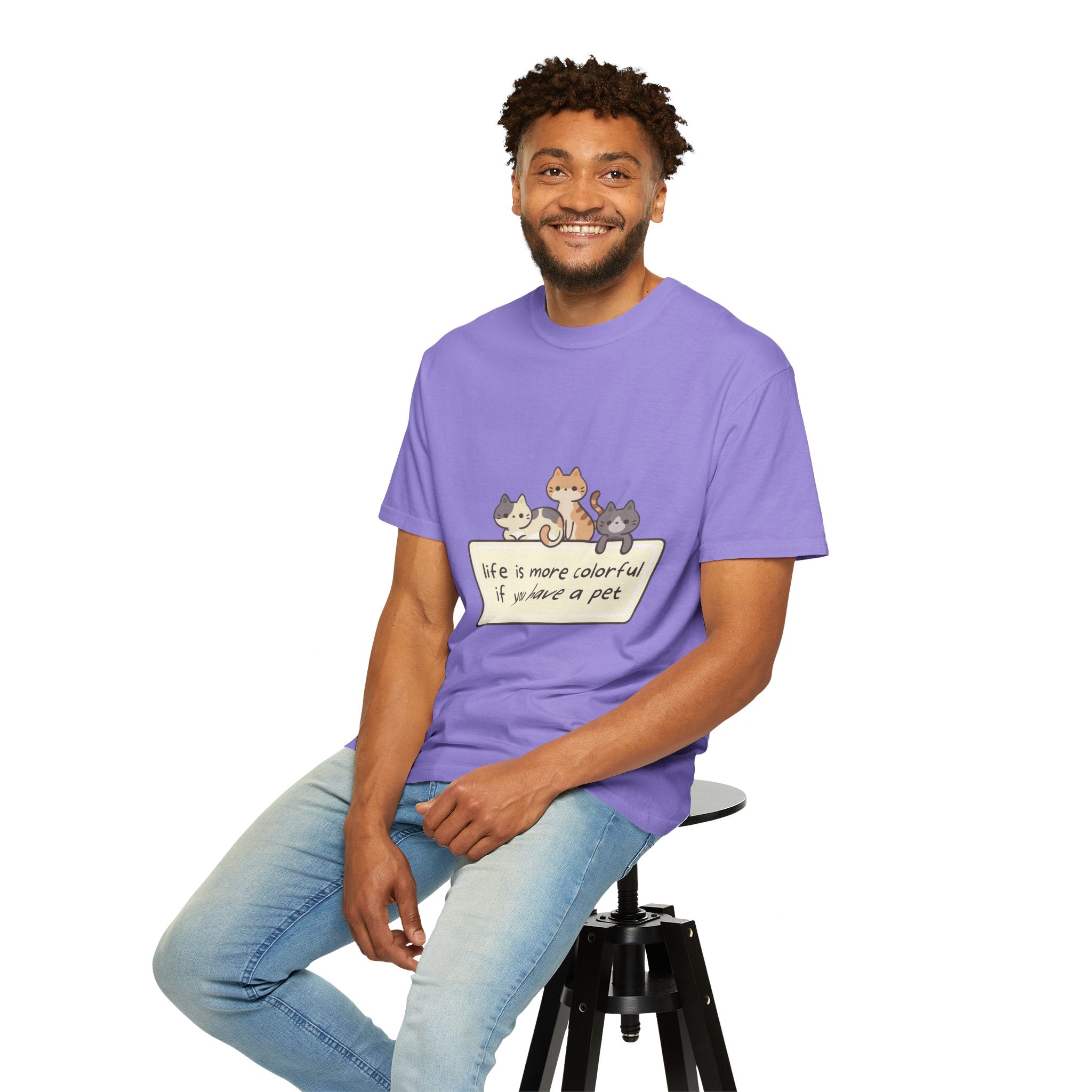 Pet Lover T-Shirt — "Life is More Colorful if You Have a Pet" Cute Cat Illustration