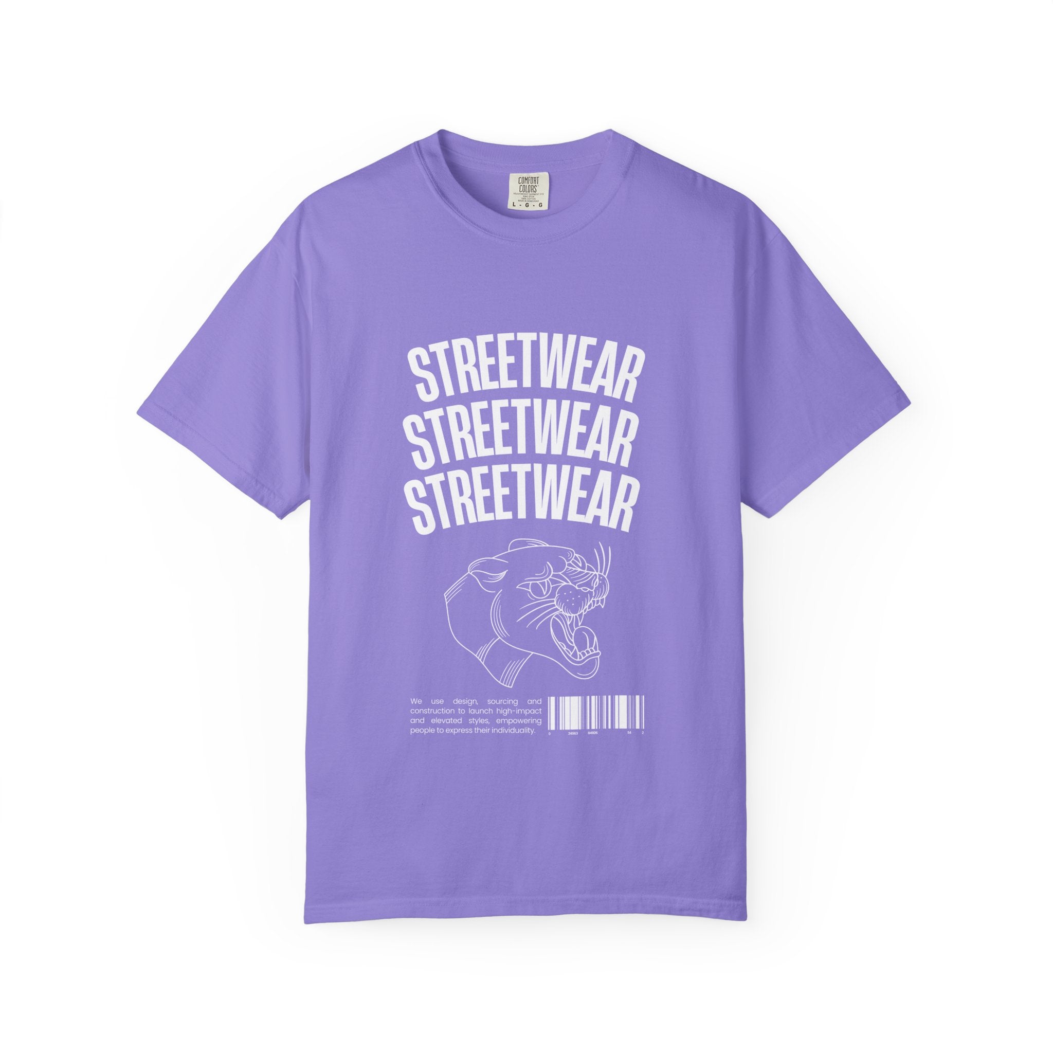 Streetwear Panther T‑Shirt — Graphic Garment-Dyed Tee with 'STREETWEAR' Text & Barcode