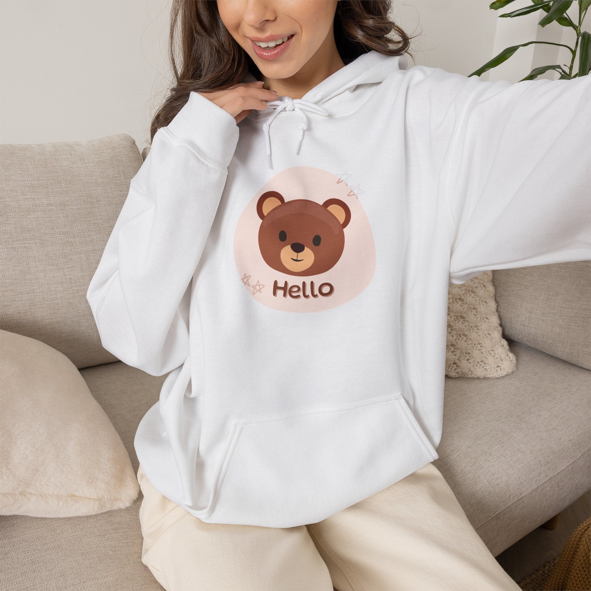 Bear Hello Hoodie - Cute Cartoon Bear Graphic Pullover