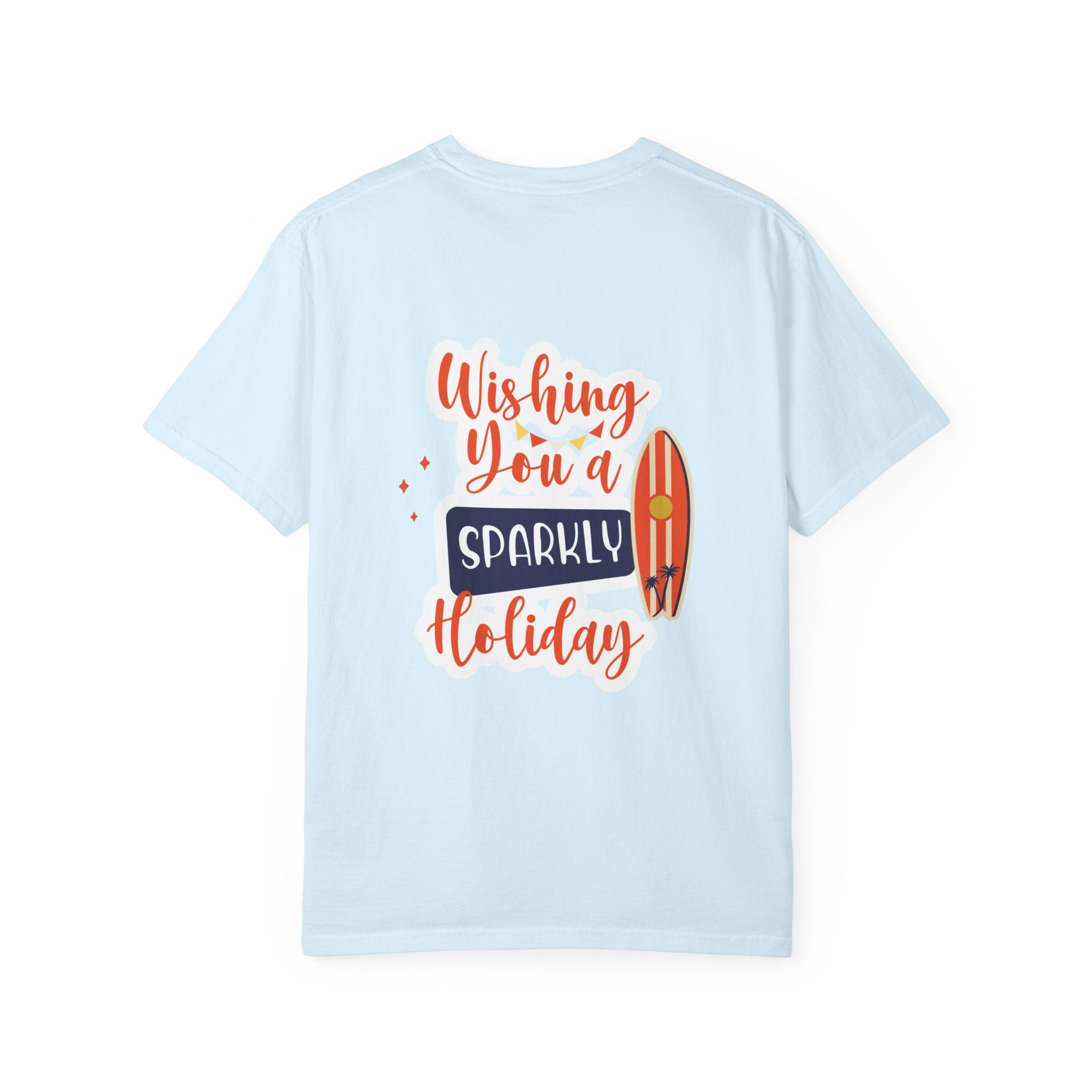 Holiday Surfboard T‑Shirt — "Wishing You a Sparkly Holiday" Beachy Christmas Tee