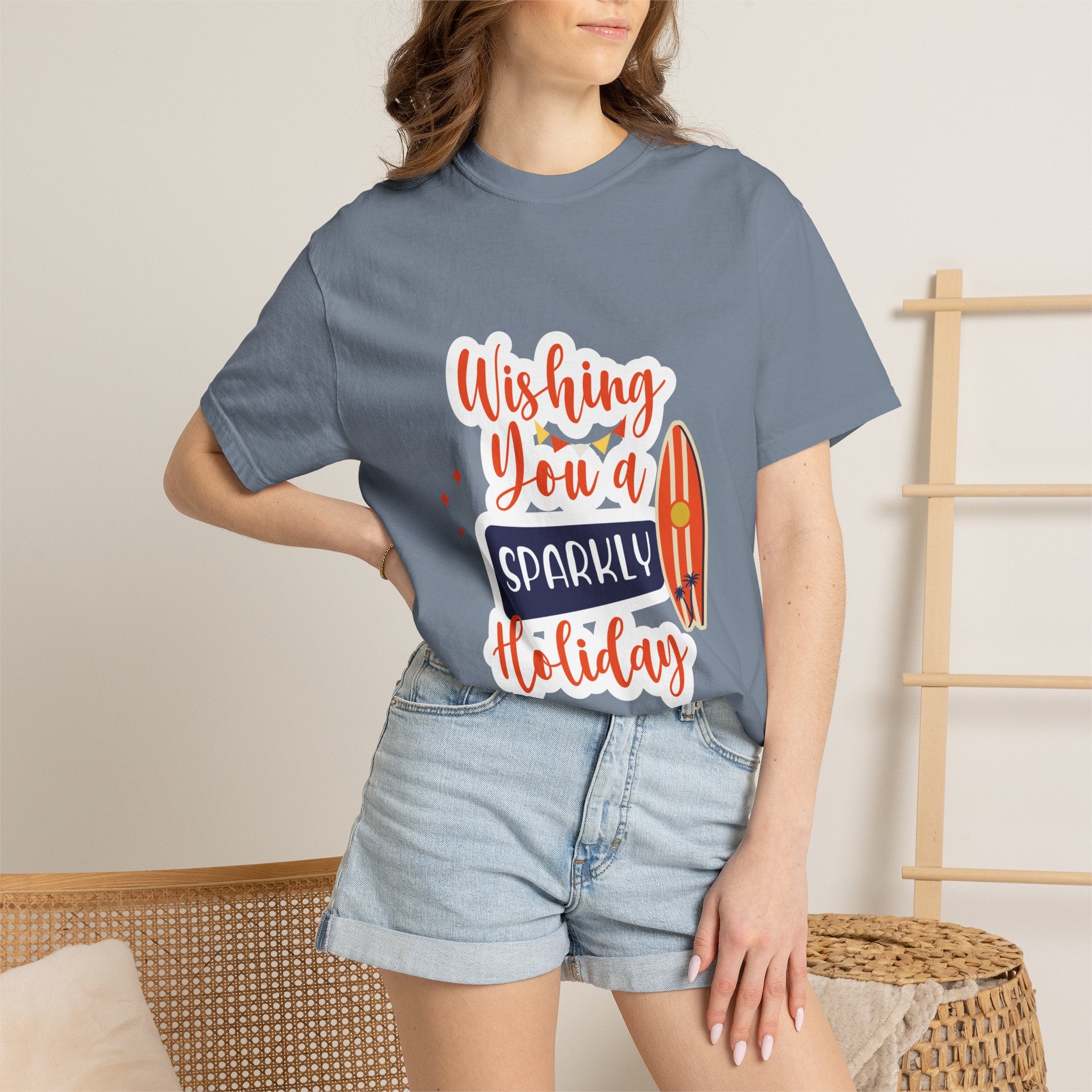 Holiday Surfboard T‑Shirt — "Wishing You a Sparkly Holiday" Beachy Christmas Tee