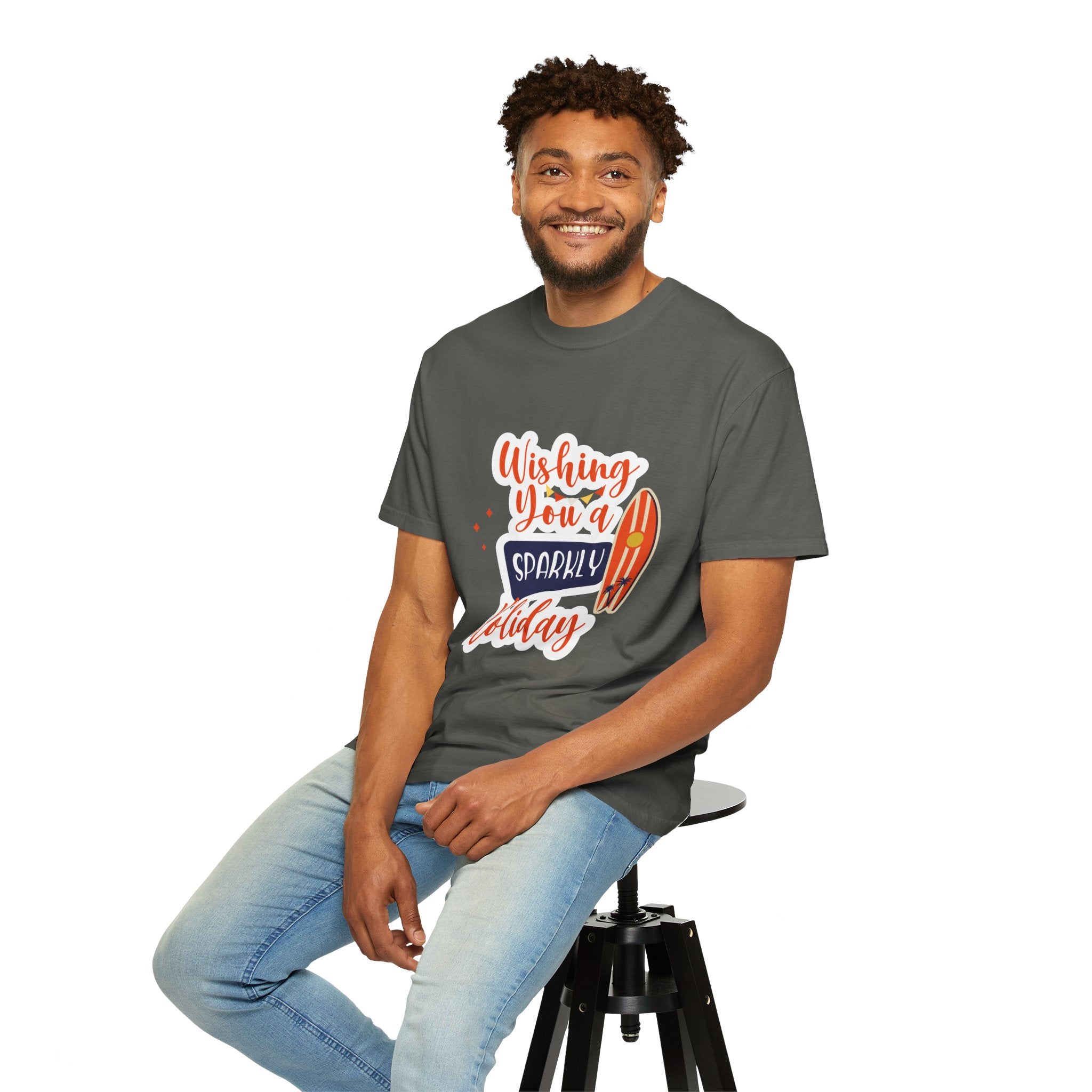 Holiday Surfboard T‑Shirt — "Wishing You a Sparkly Holiday" Beachy Christmas Tee