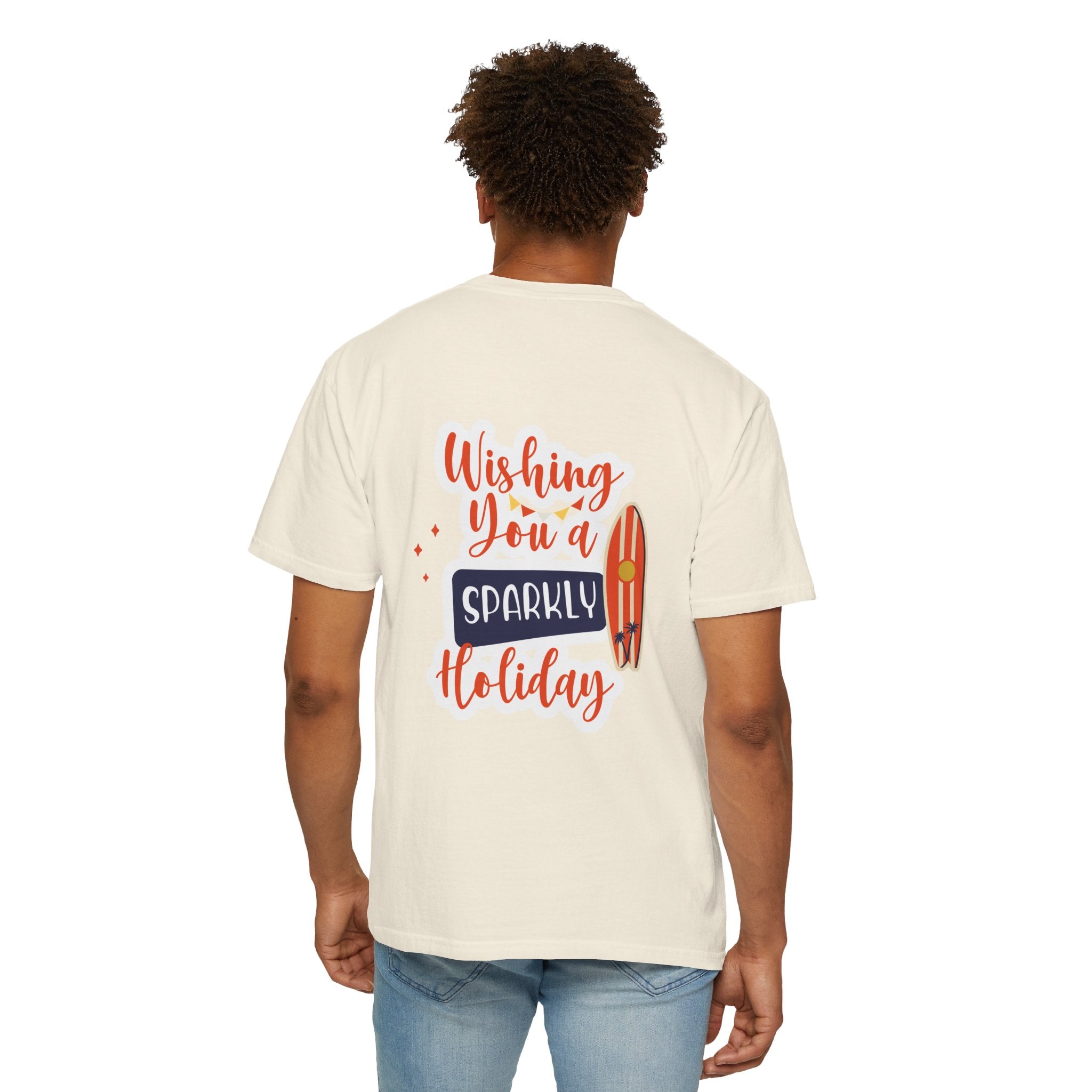 Holiday Surfboard T‑Shirt — "Wishing You a Sparkly Holiday" Beachy Christmas Tee