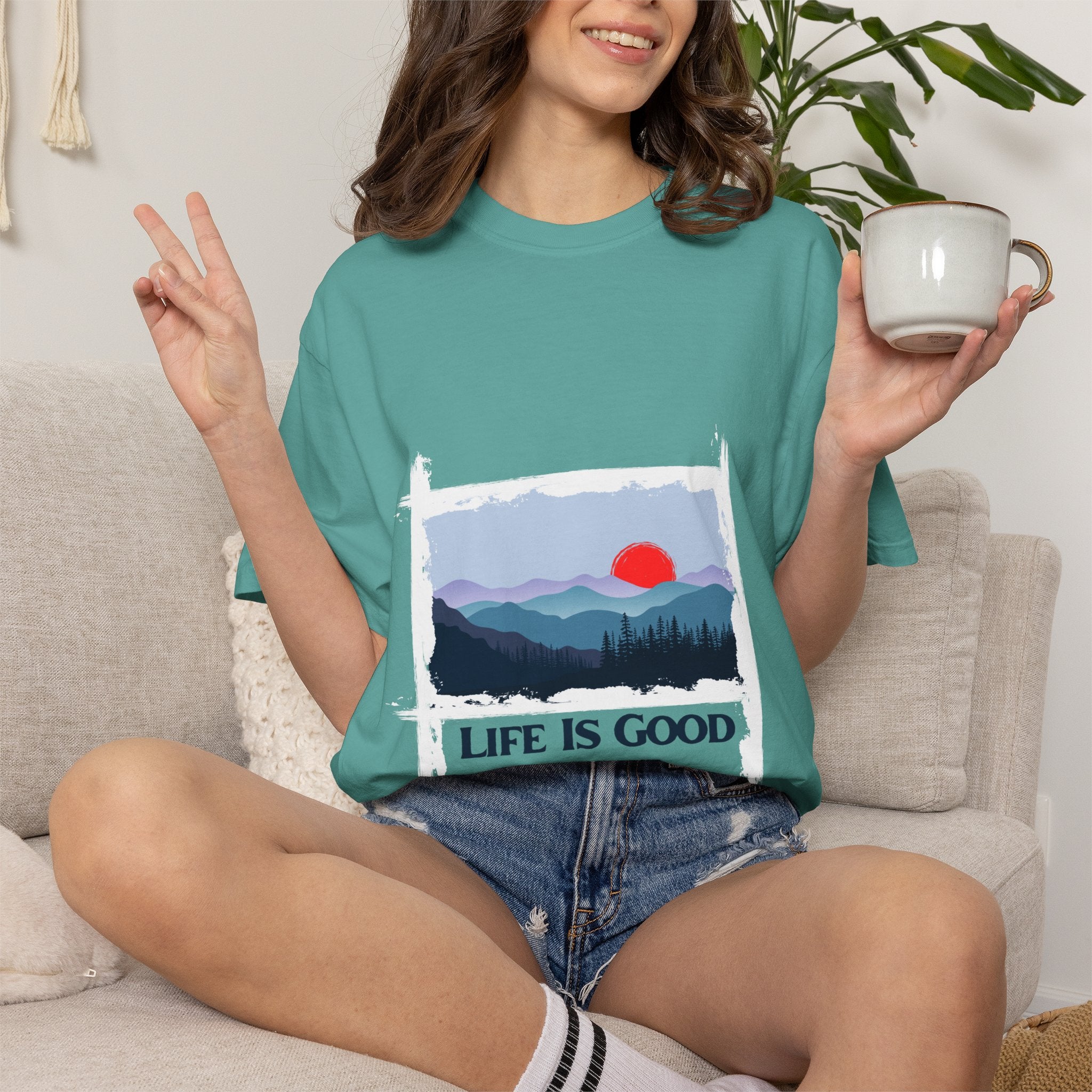 Life Is Good Mountain T-Shirt — Scenic Sunrise Graphic Tee