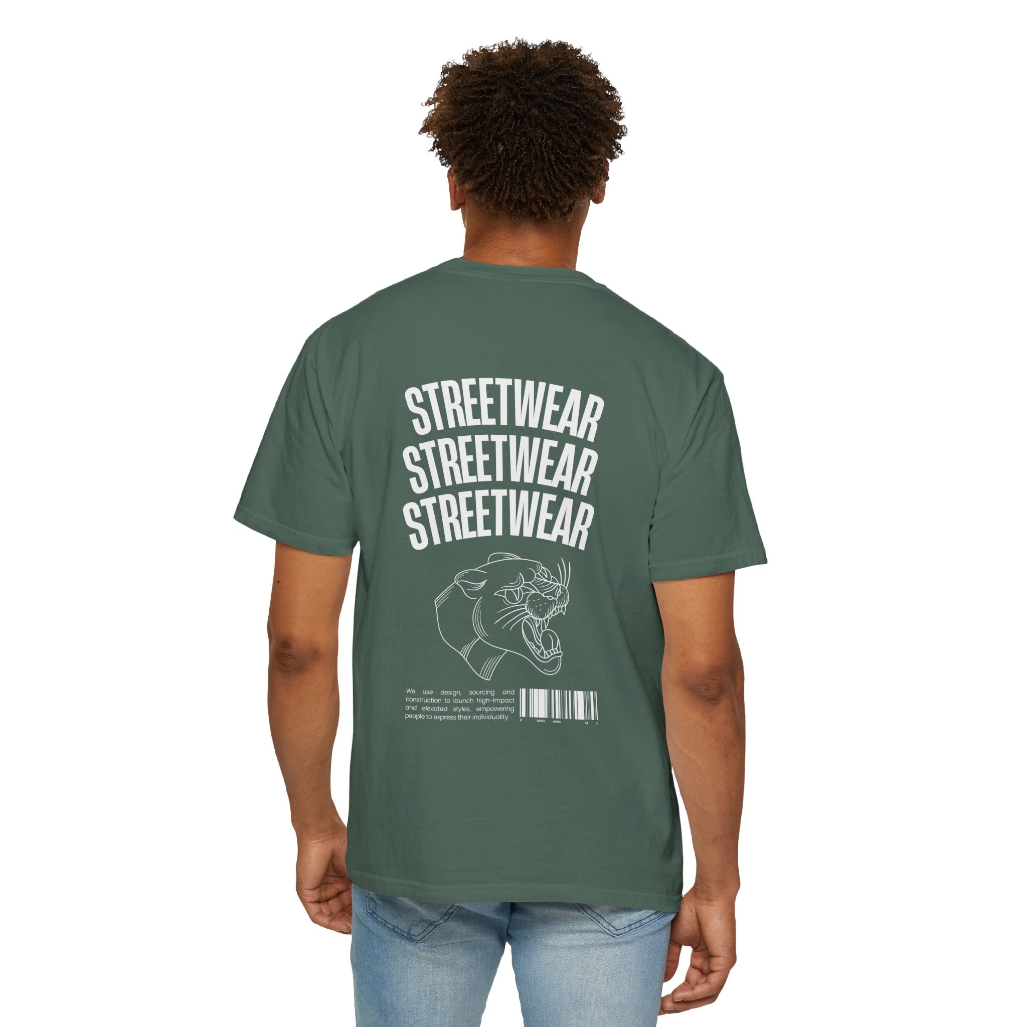 Streetwear Panther T‑Shirt — Graphic Garment-Dyed Tee with 'STREETWEAR' Text & Barcode