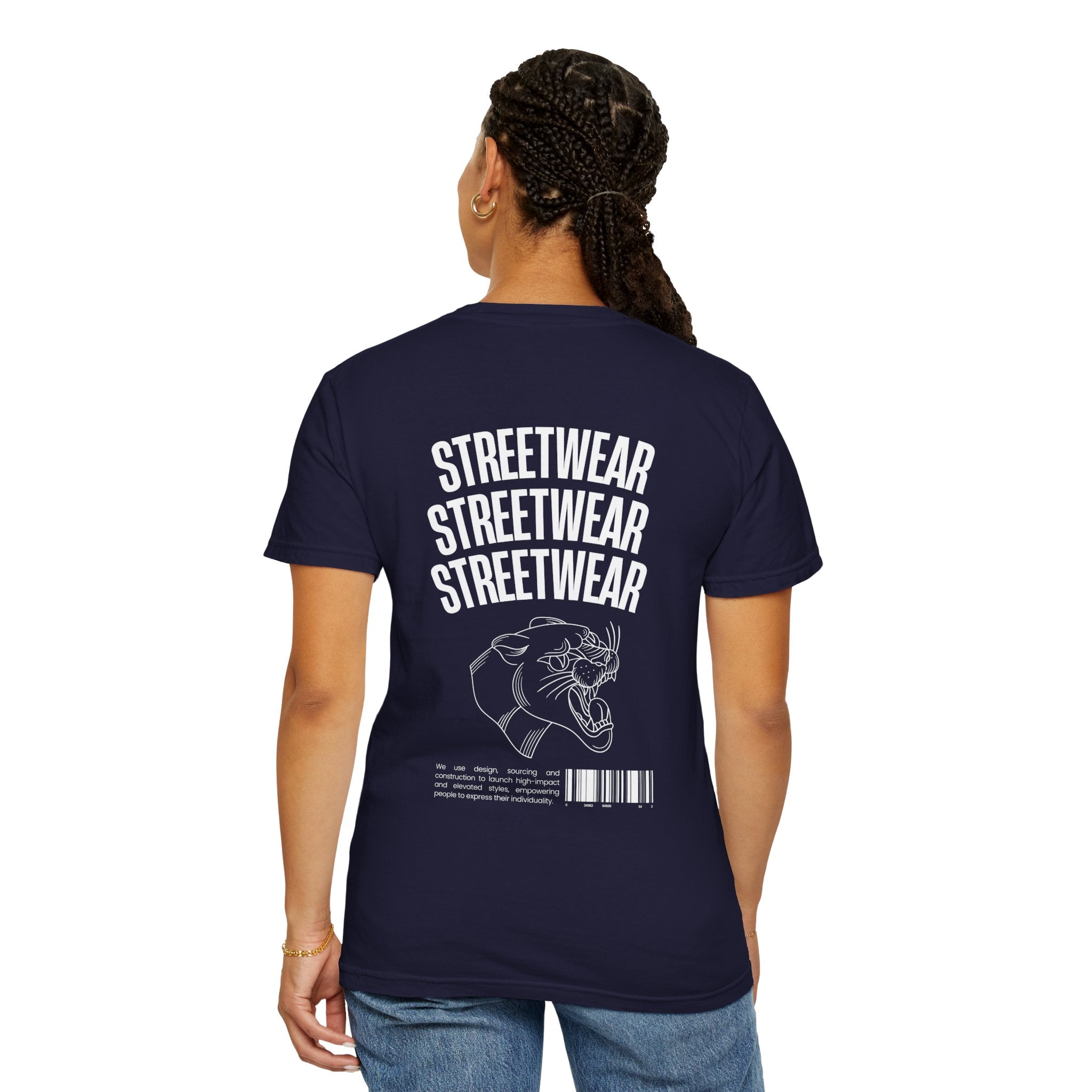 Streetwear Panther T‑Shirt — Graphic Garment-Dyed Tee with 'STREETWEAR' Text & Barcode