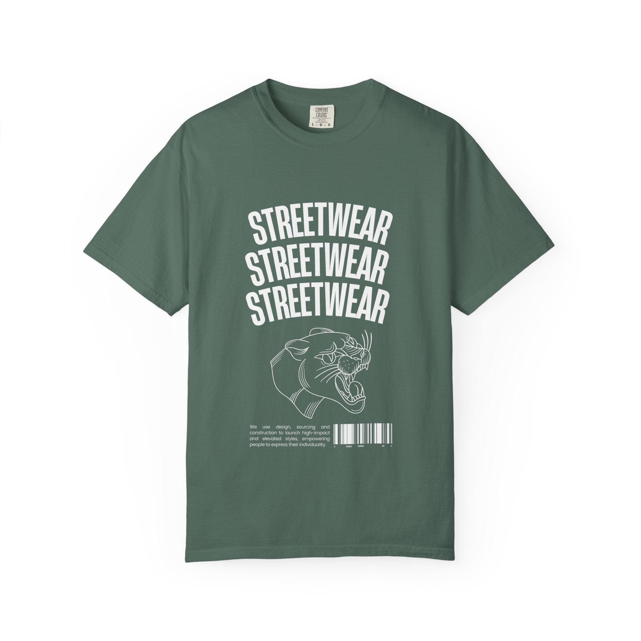 Streetwear Panther T‑Shirt — Graphic Garment-Dyed Tee with 'STREETWEAR' Text & Barcode