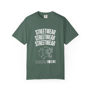 Streetwear Panther T‑Shirt — Graphic Garment-Dyed Tee with 'STREETWEAR' Text & Barcode