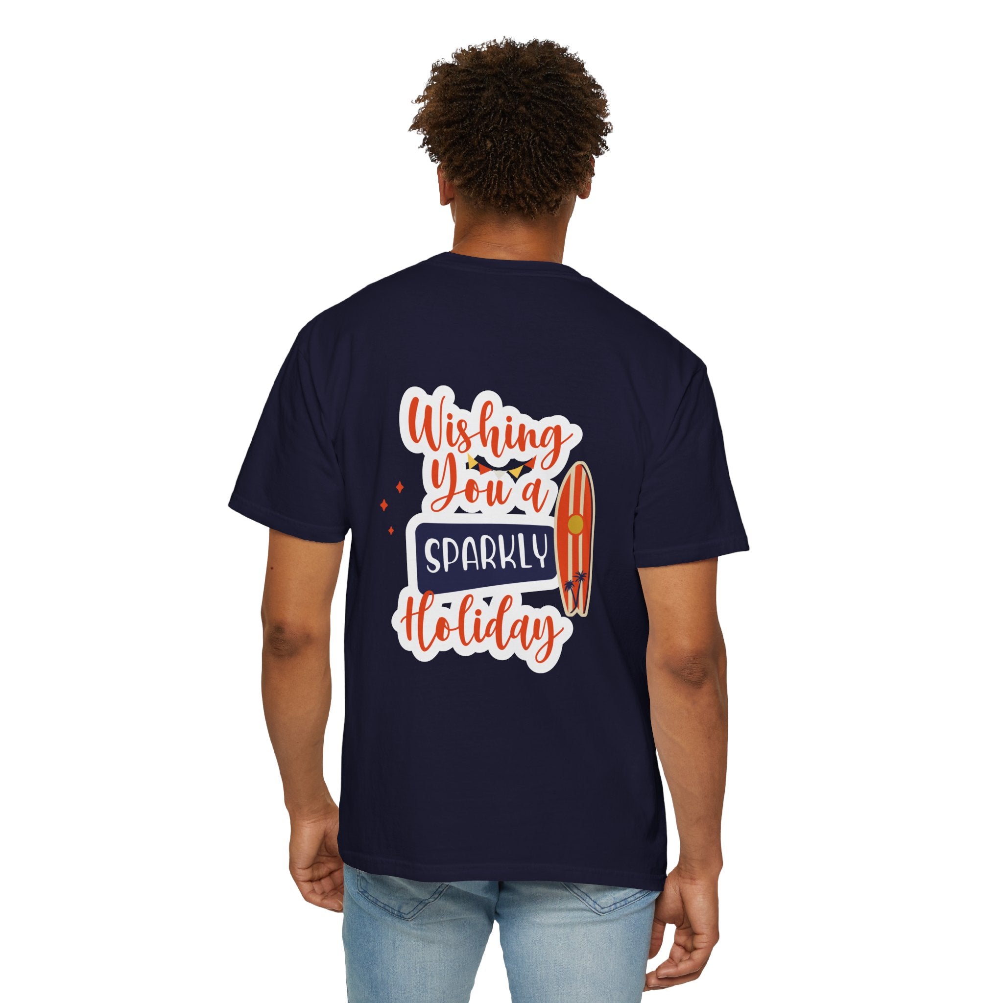 Holiday Surfboard T‑Shirt — "Wishing You a Sparkly Holiday" Beachy Christmas Tee