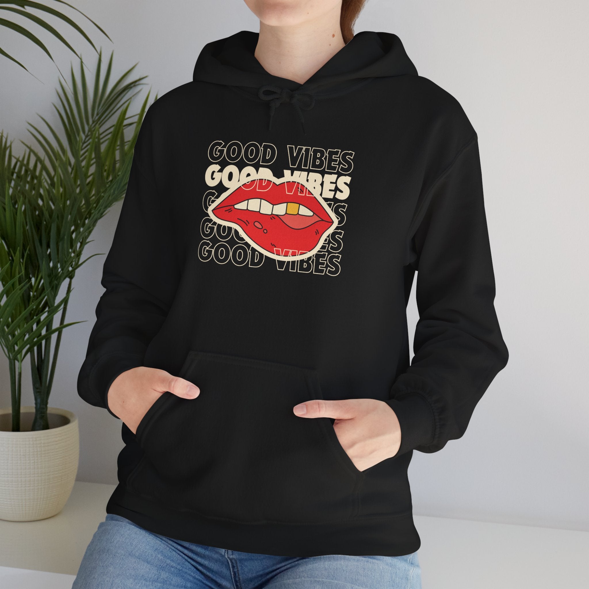 Good Vibes Red Lips Hoodie – Retro Lip Graphic Sweatshirt