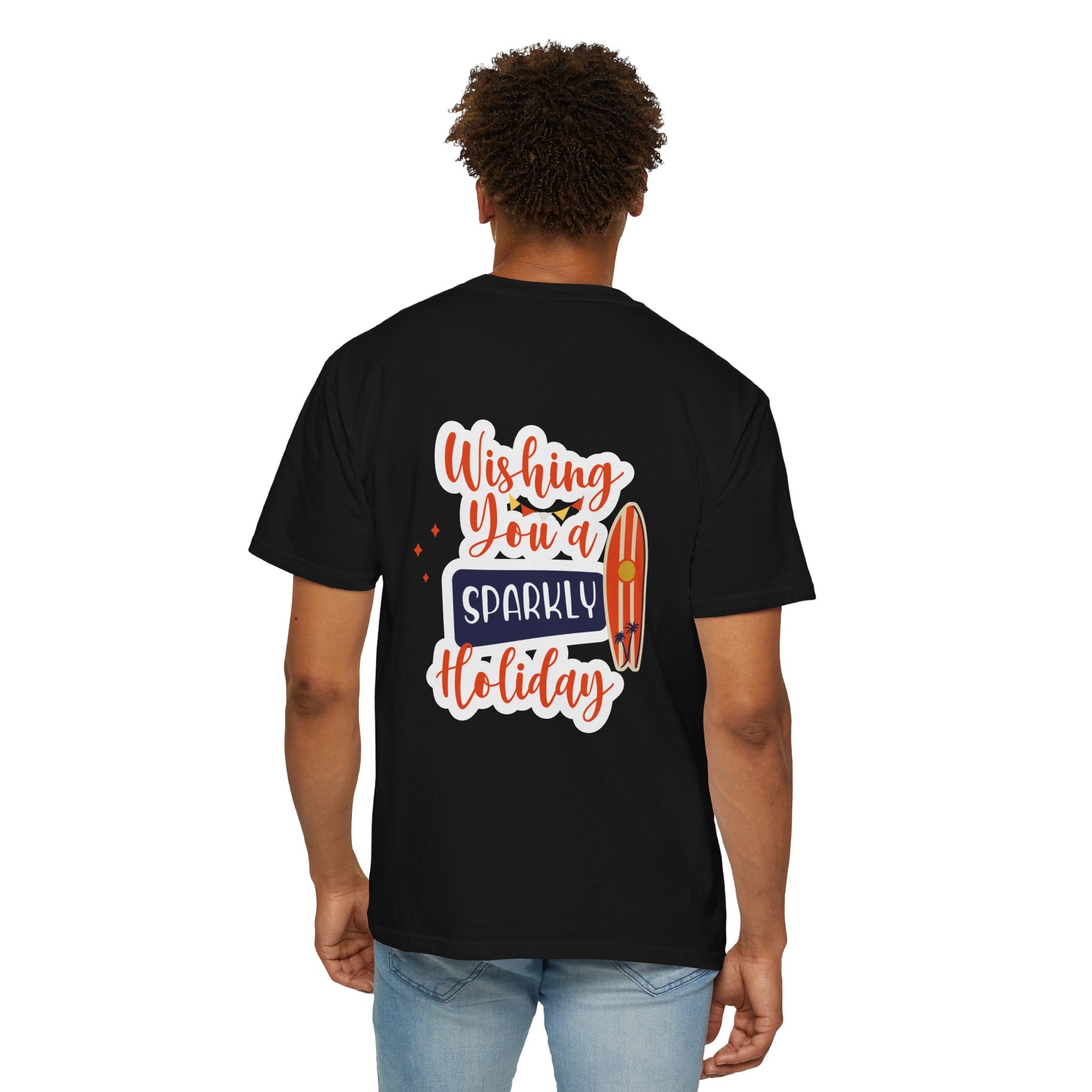 Holiday Surfboard T‑Shirt — "Wishing You a Sparkly Holiday" Beachy Christmas Tee