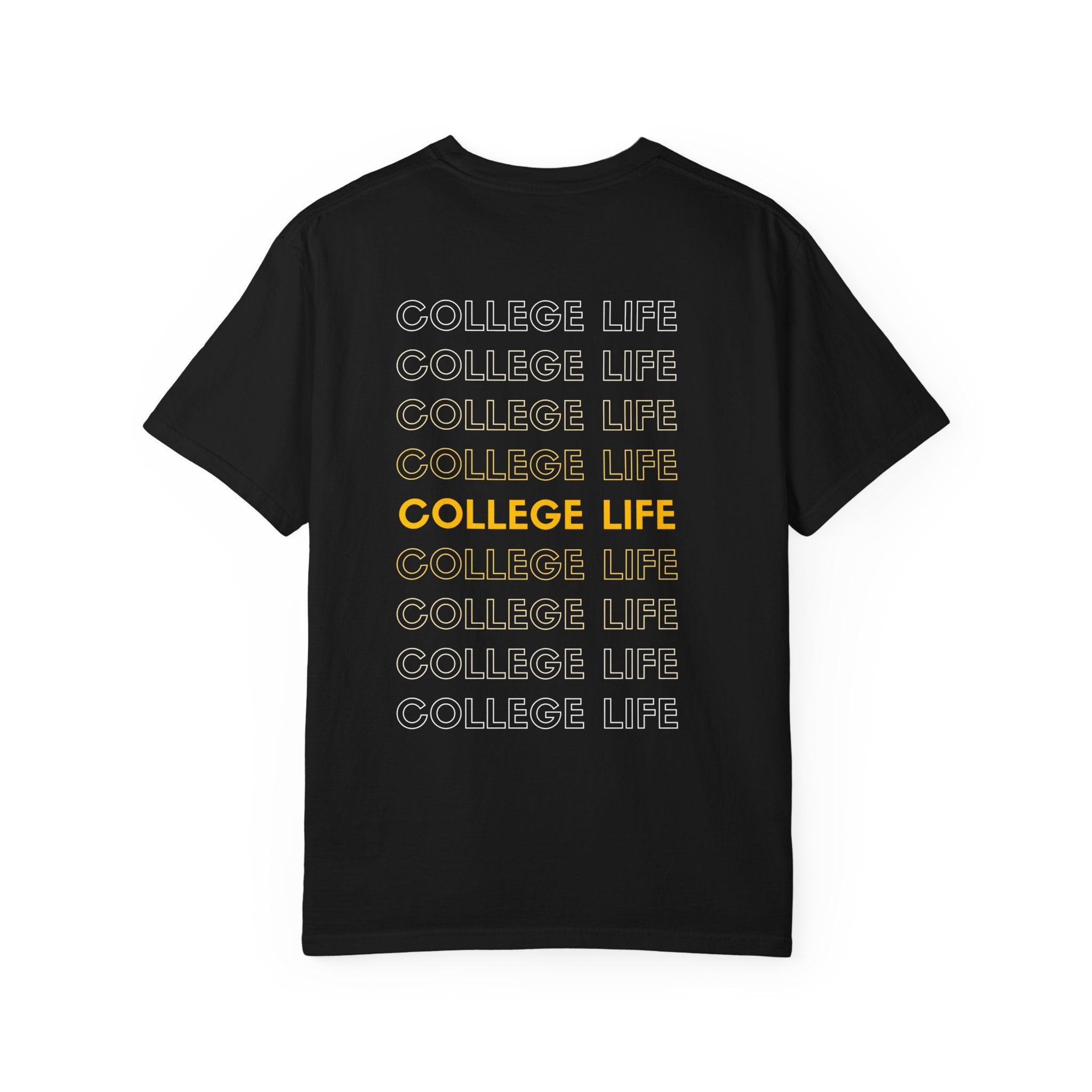 College Life Tee — Retro Repeated Text Graphic T-Shirt