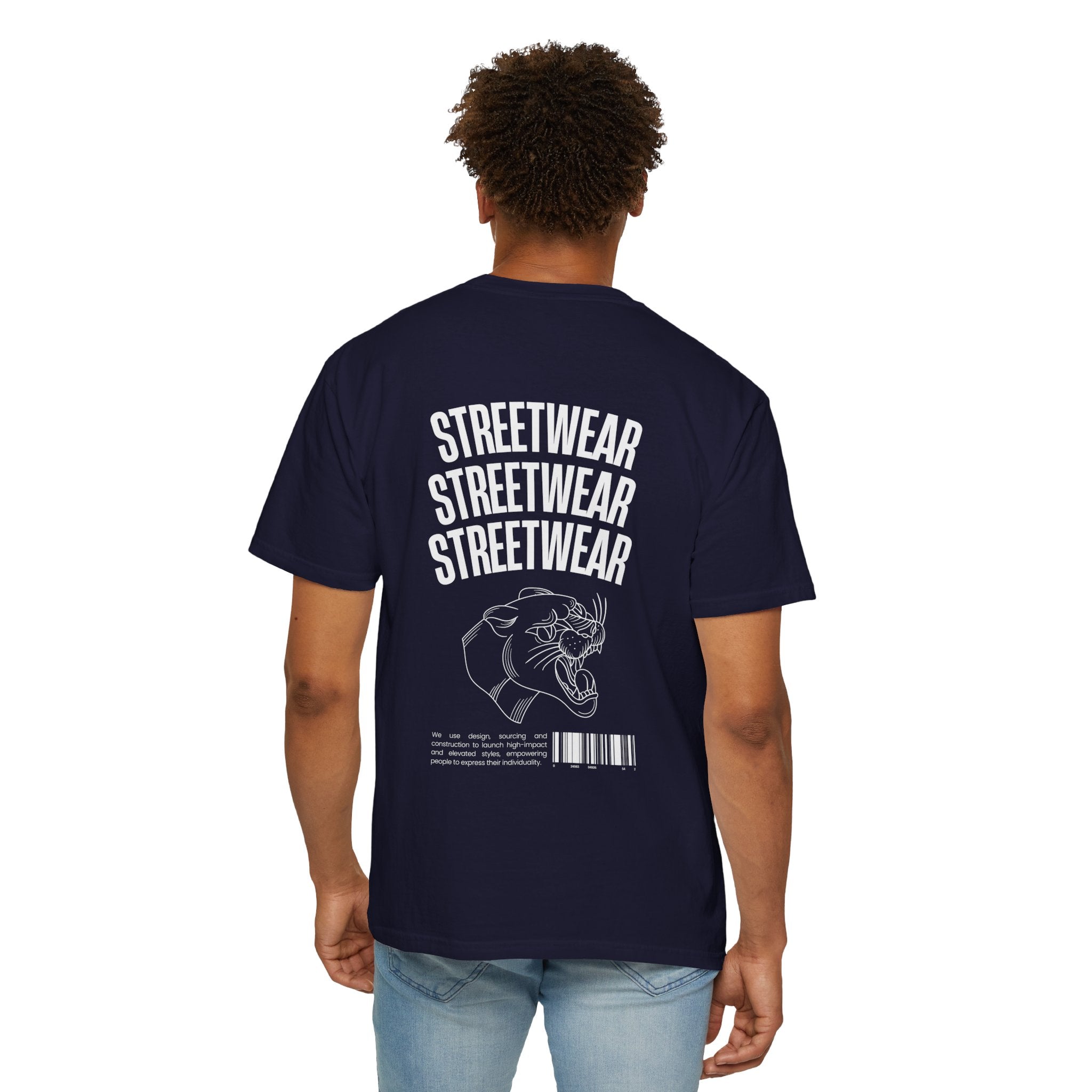 Streetwear Panther T‑Shirt — Graphic Garment-Dyed Tee with 'STREETWEAR' Text & Barcode