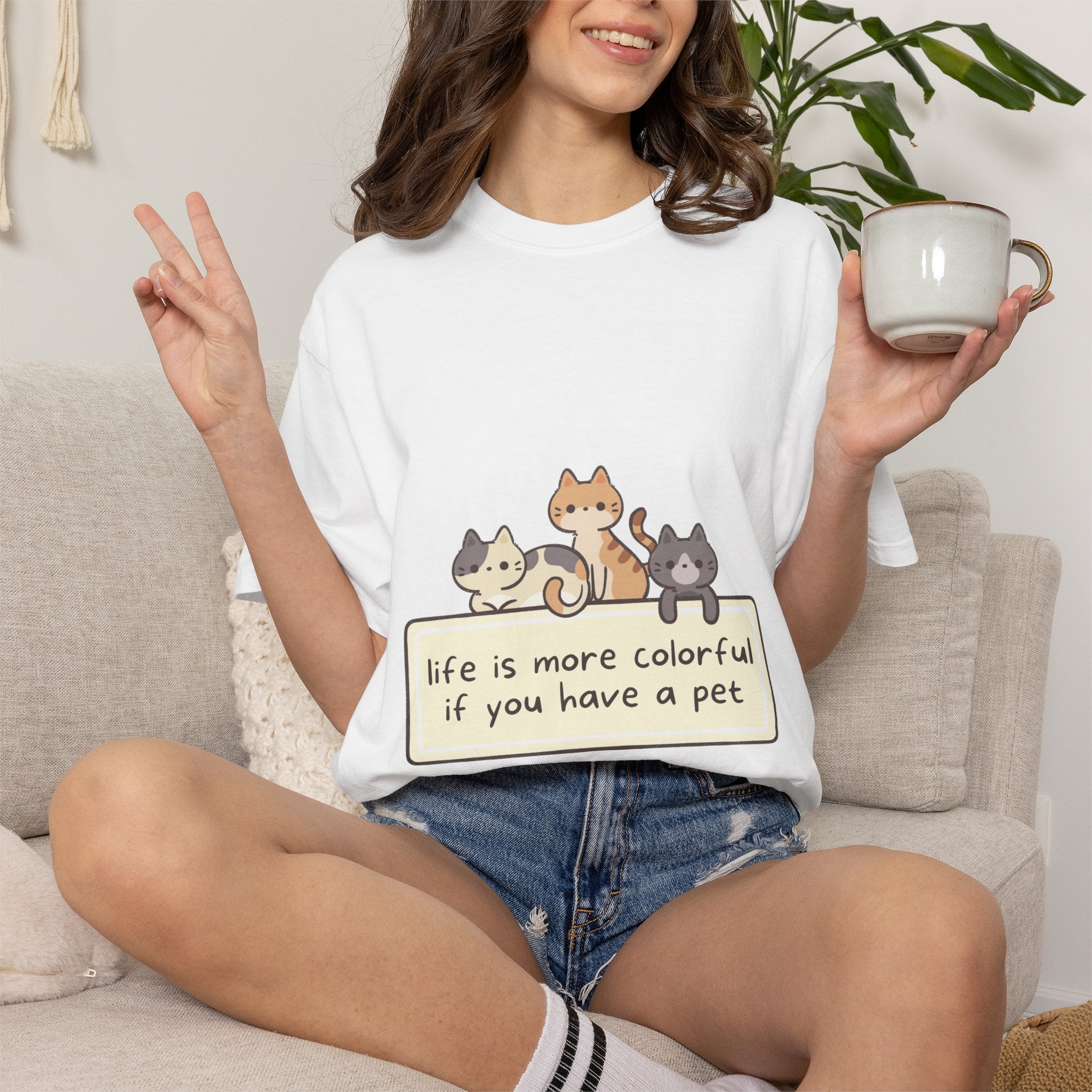 Pet Lover T-Shirt — "Life is More Colorful if You Have a Pet" Cute Cat Illustration