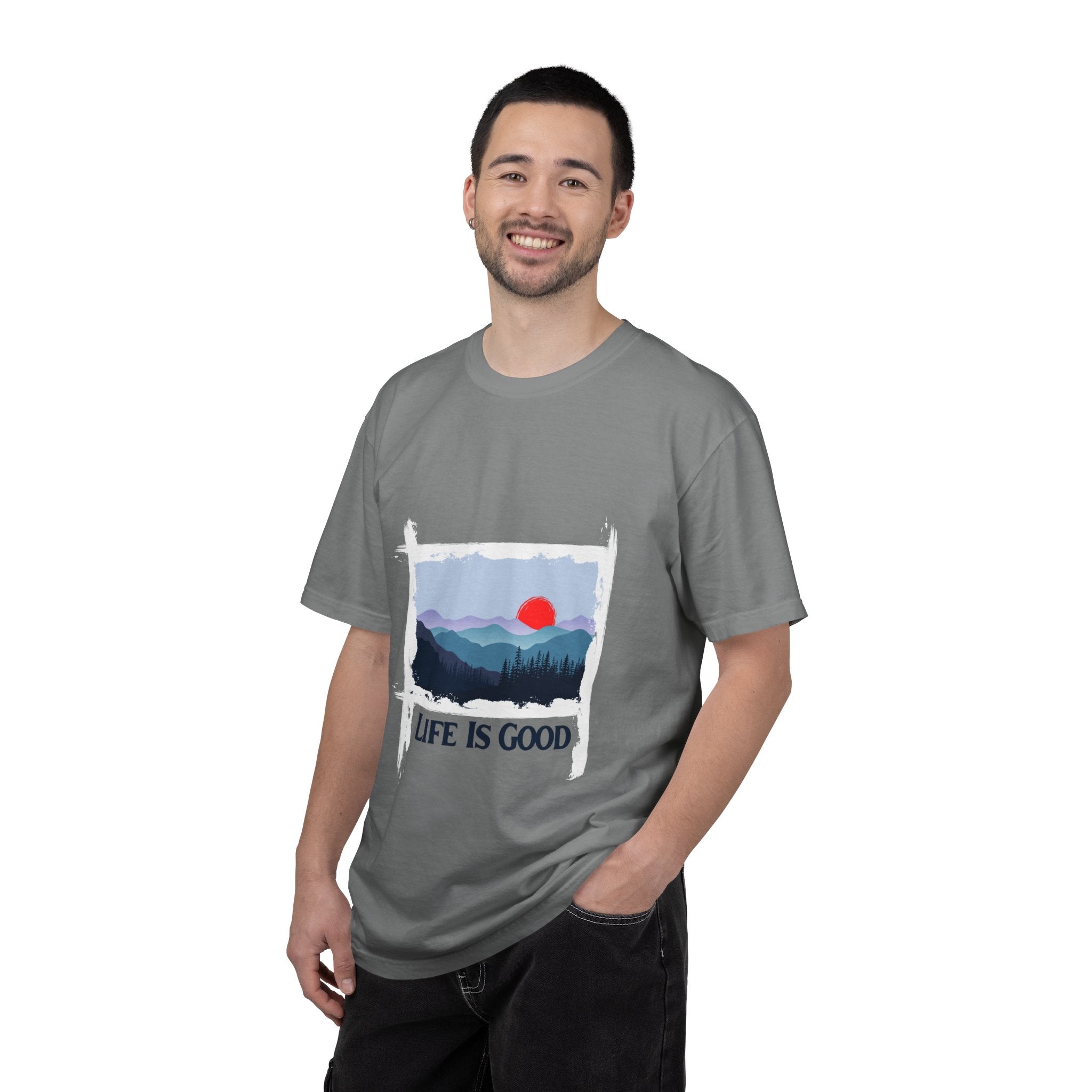 Life Is Good Mountain T-Shirt — Scenic Sunrise Graphic Tee