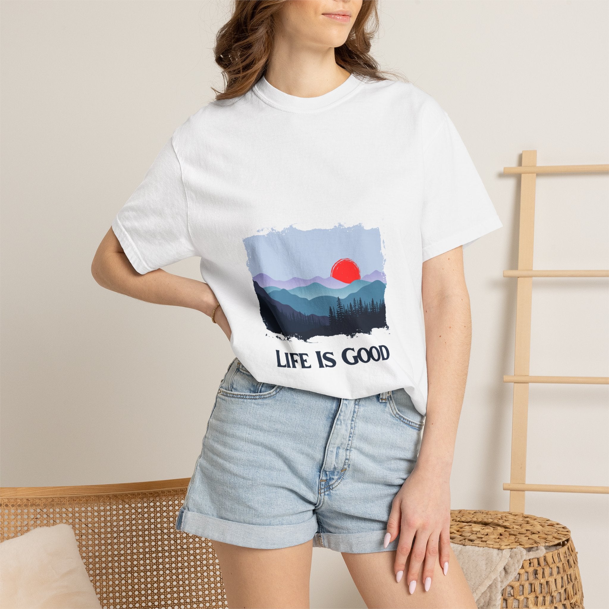 Life Is Good Mountain T-Shirt — Scenic Sunrise Graphic Tee