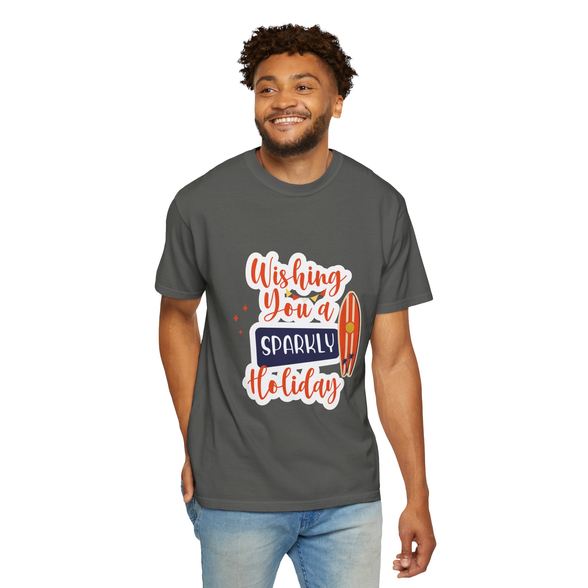 Holiday Surfboard T‑Shirt — "Wishing You a Sparkly Holiday" Beachy Christmas Tee