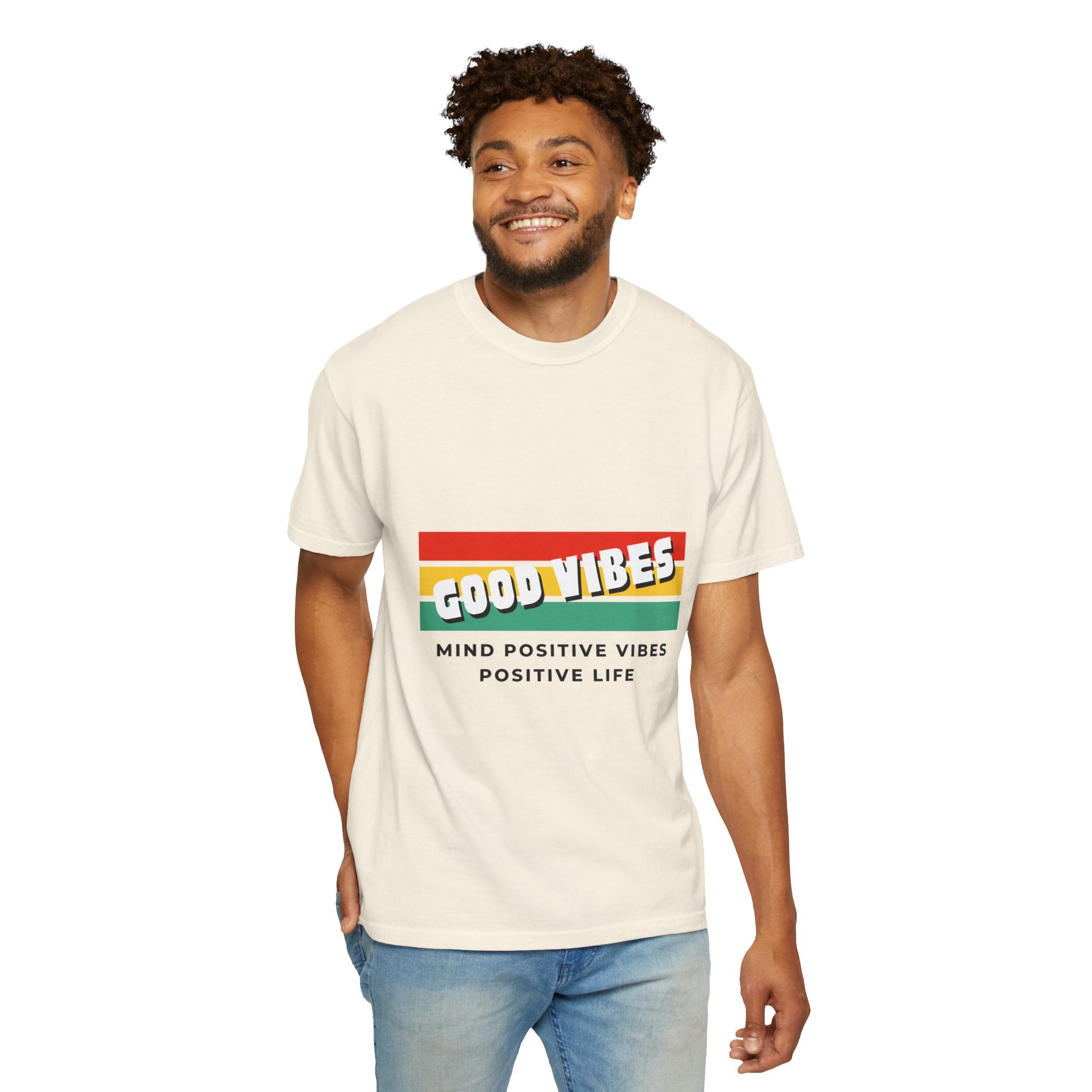 Good Vibes T-Shirt — Retro Stripes “Mind Positive Vibes, Positive Life”