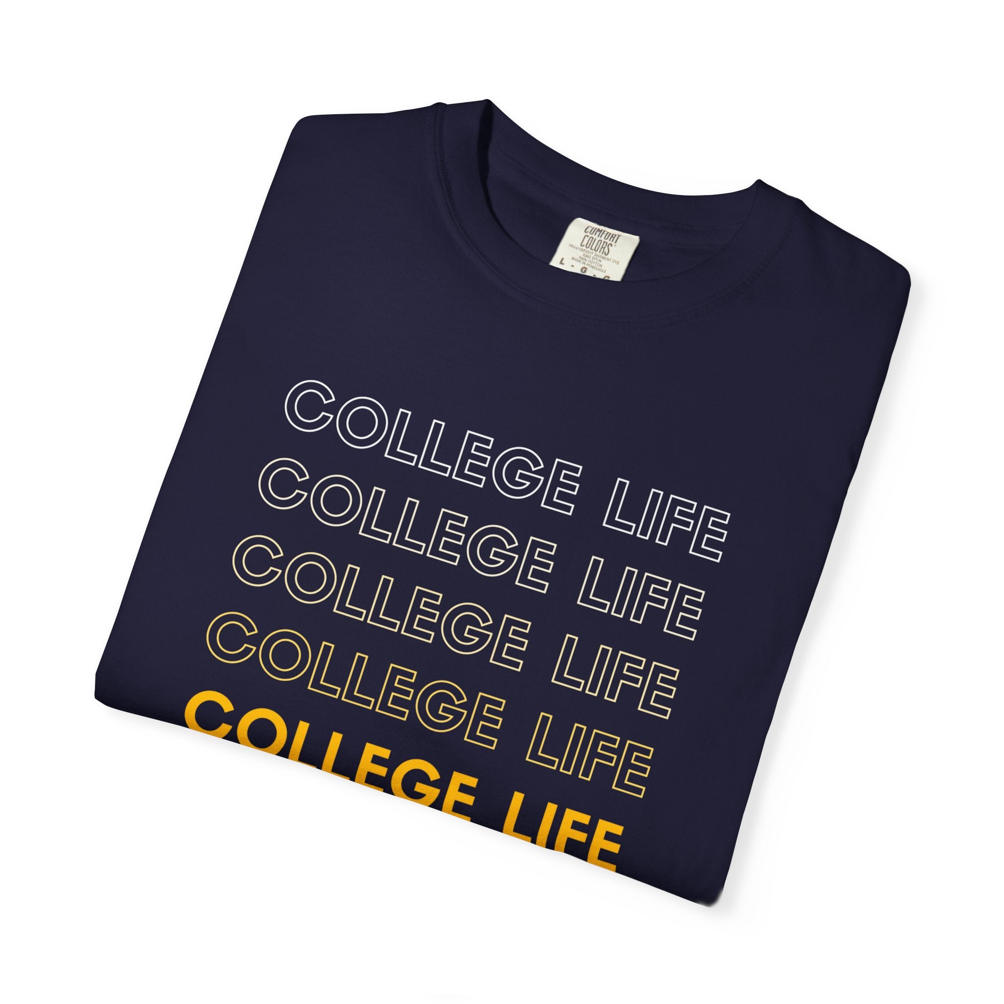 College Life Tee — Retro Repeated Text Graphic T-Shirt