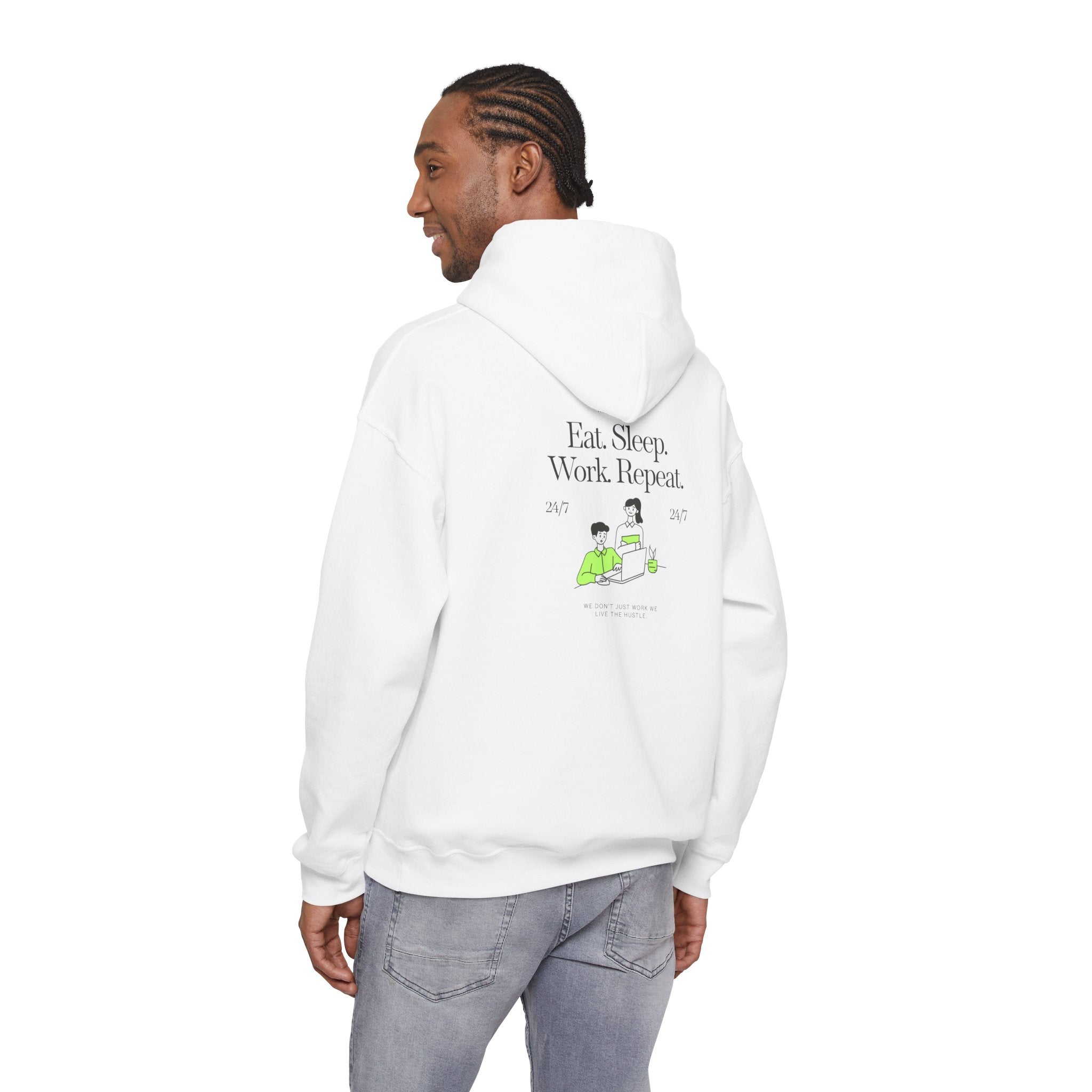 Work From Home Hoodie — "Eat. Sleep. Work. Repeat." Graphic Hooded Sweatshirt