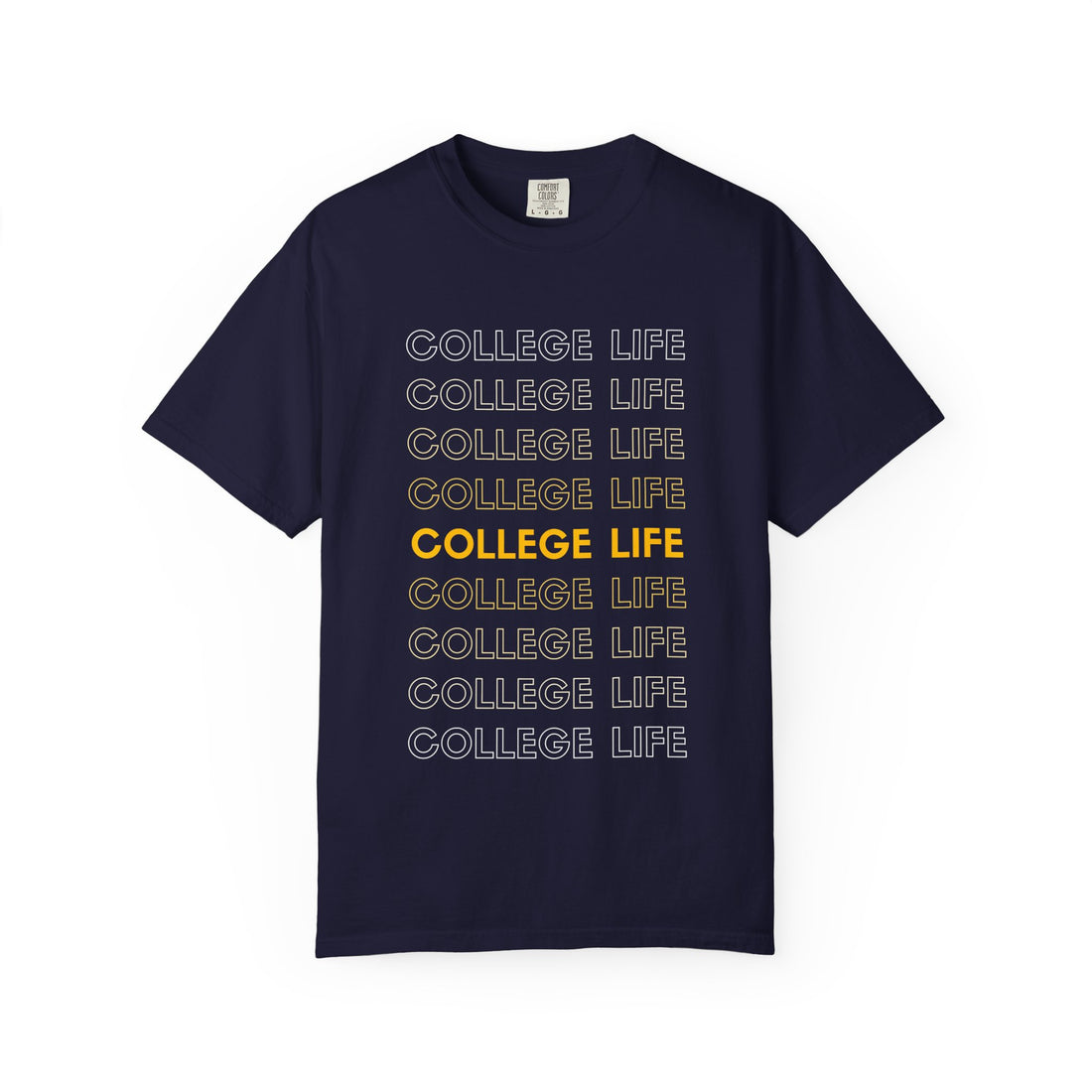 College Life Tee — Retro Repeated Text Graphic T-Shirt