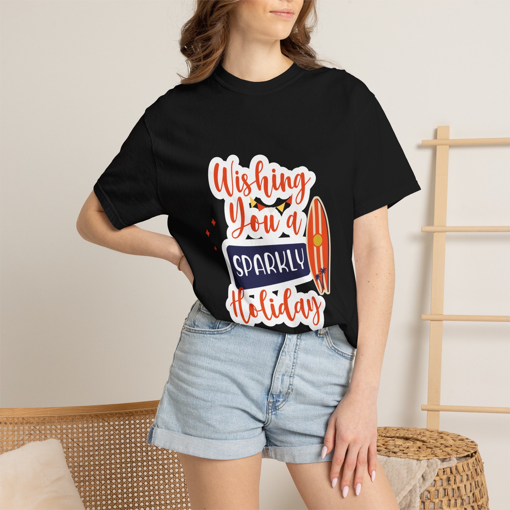 Holiday Surfboard T‑Shirt — "Wishing You a Sparkly Holiday" Beachy Christmas Tee