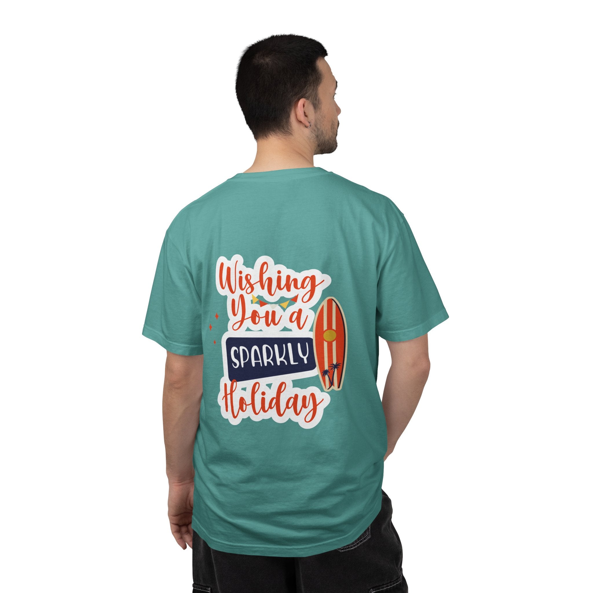Holiday Surfboard T‑Shirt — "Wishing You a Sparkly Holiday" Beachy Christmas Tee