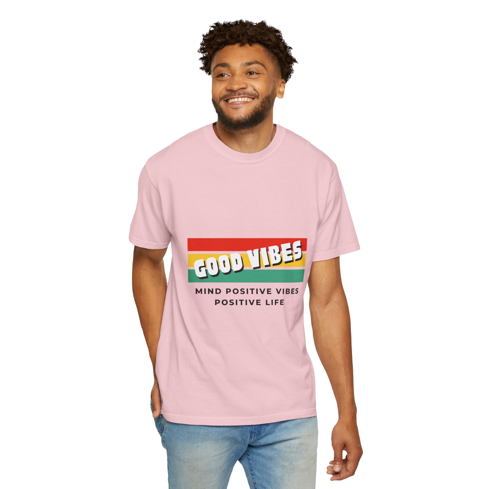 Good Vibes T-Shirt — Retro Stripes “Mind Positive Vibes, Positive Life”