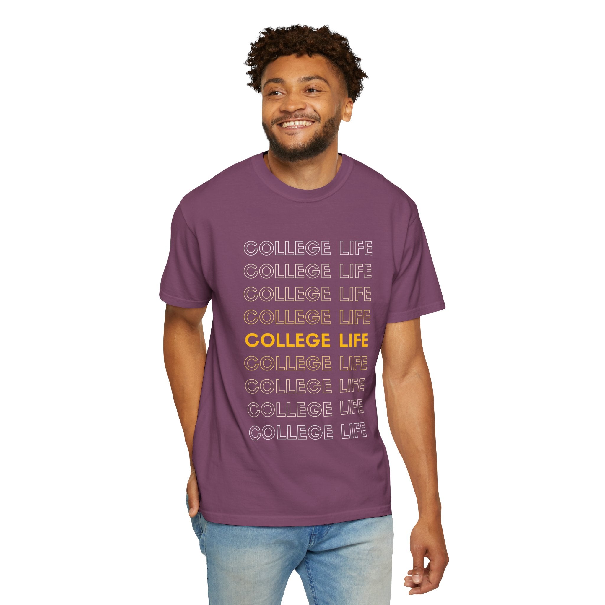 College Life Tee — Retro Repeated Text Graphic T-Shirt