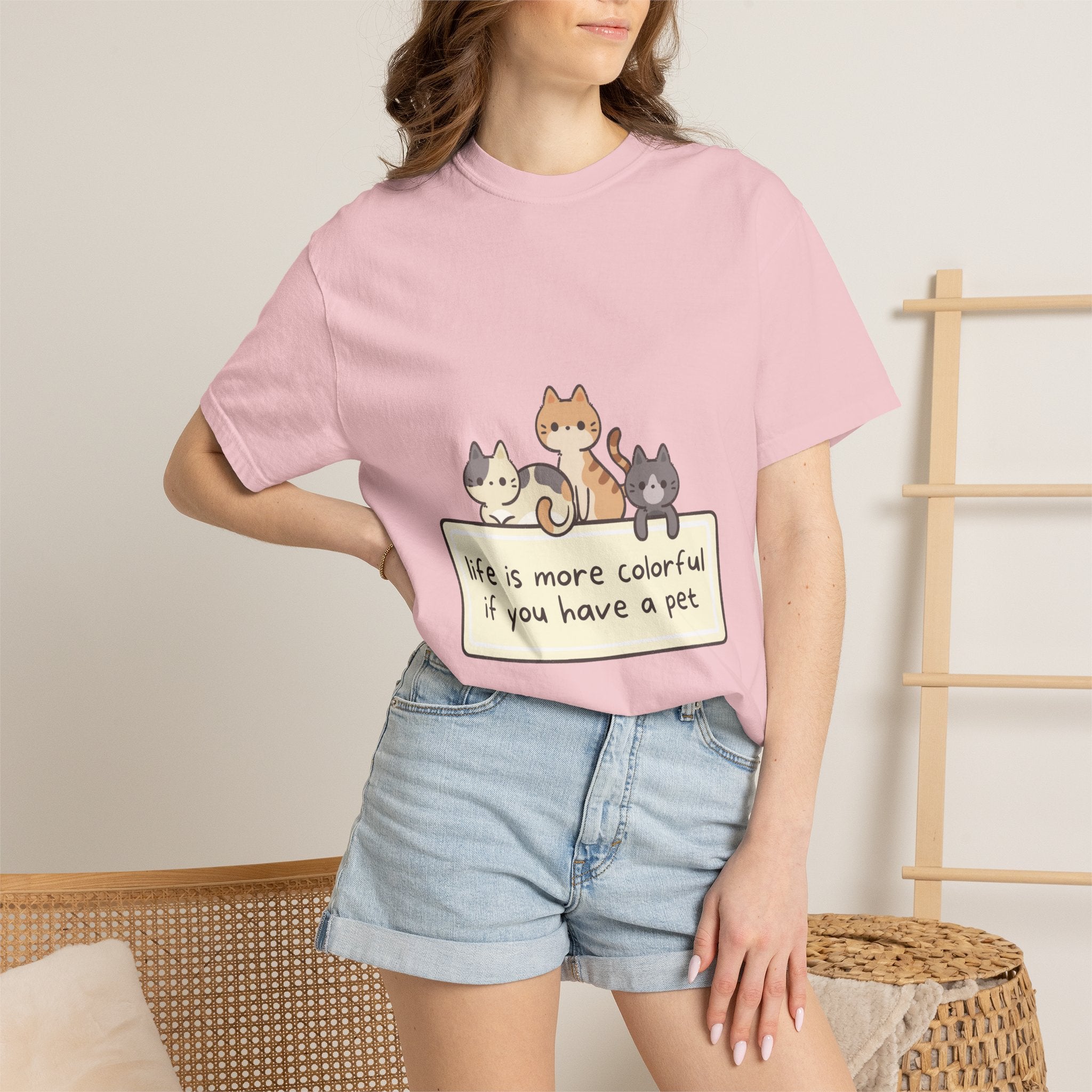 Pet Lover T-Shirt — "Life is More Colorful if You Have a Pet" Cute Cat Illustration