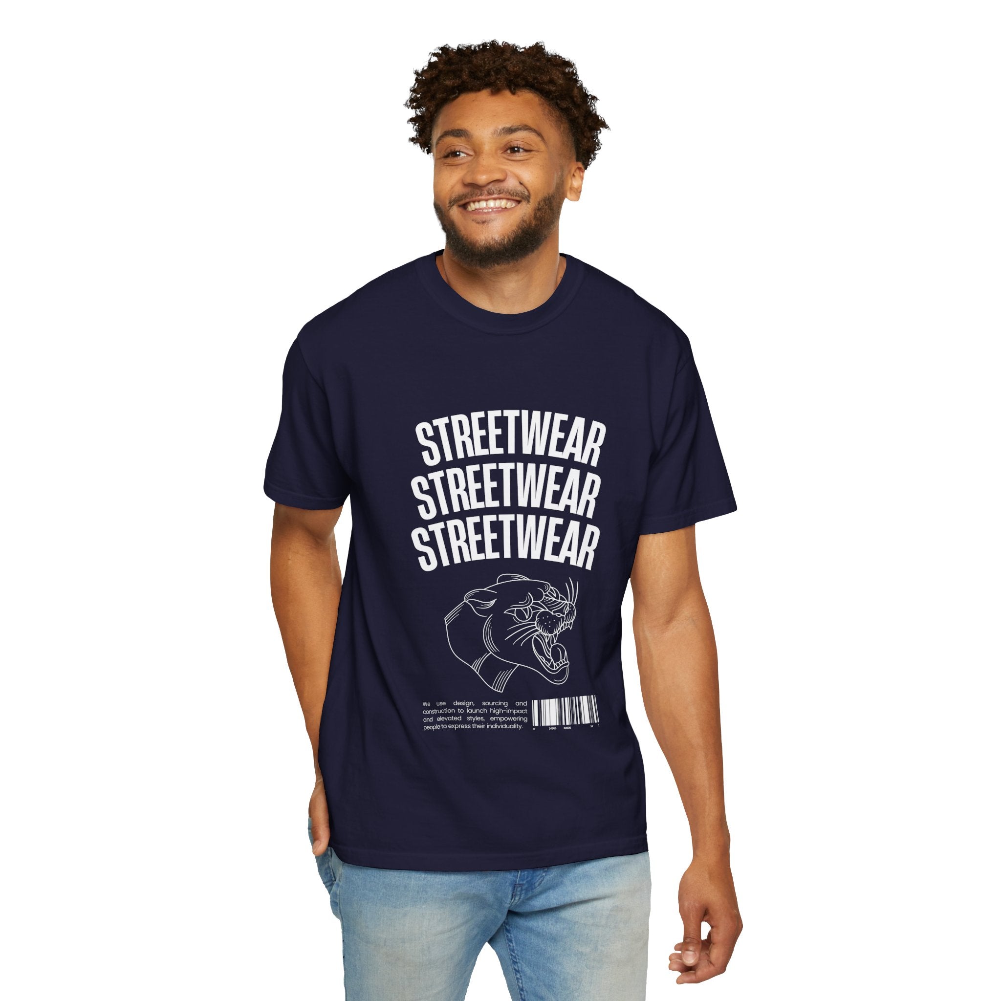Streetwear Panther T‑Shirt — Graphic Garment-Dyed Tee with 'STREETWEAR' Text & Barcode