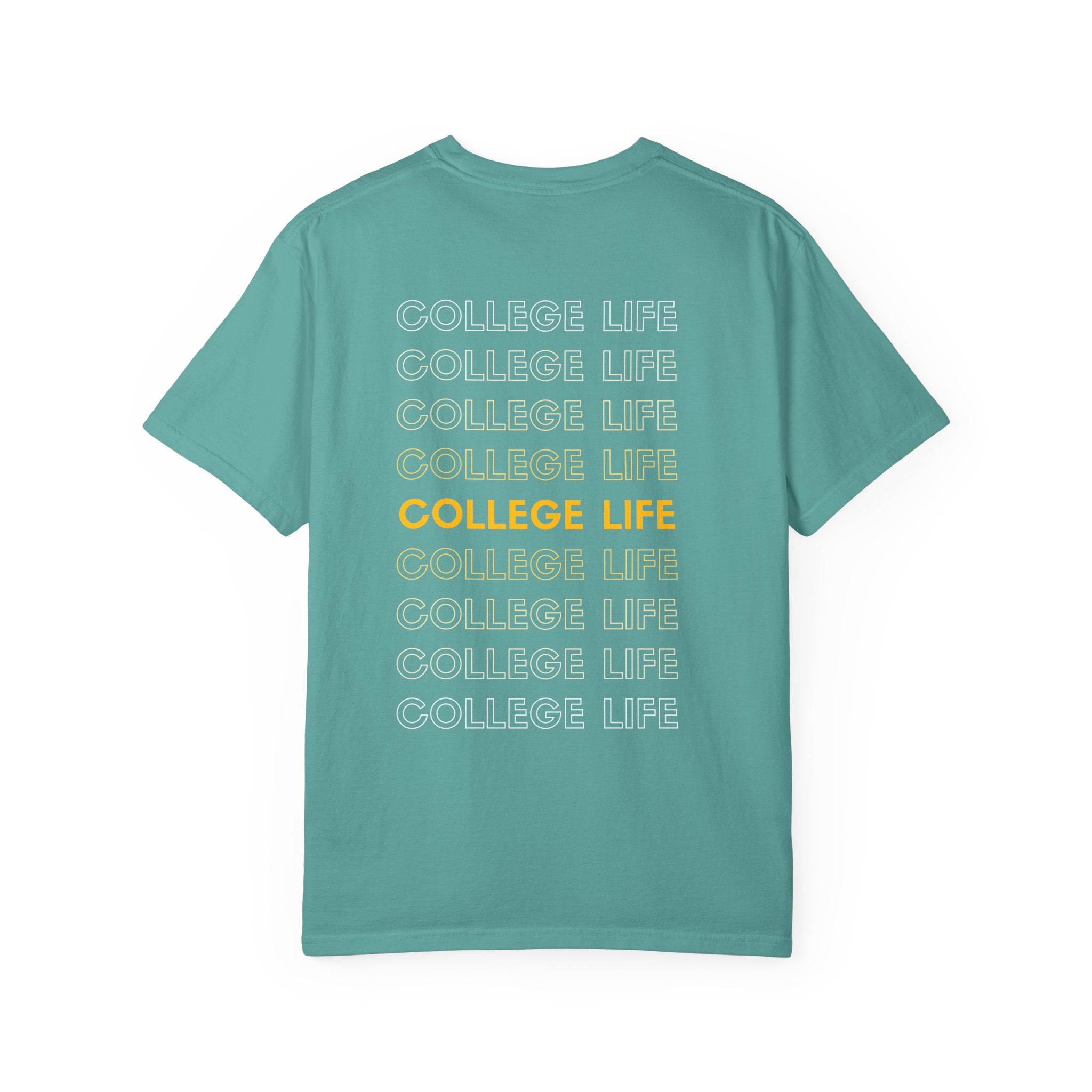 College Life Tee — Retro Repeated Text Graphic T-Shirt